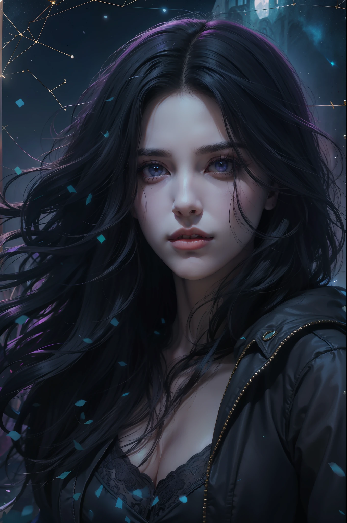 Beautiful woman reminiscent of Yennefer from The Witcher with long black hair and violet eyes bright as constellations, obra prima, ultra qualidade, 8k, cabelos caindo sobre seus ombros, in the background a cemetery, vestindo jaqueta e regata, chuva caindo sobre seus cabelos
