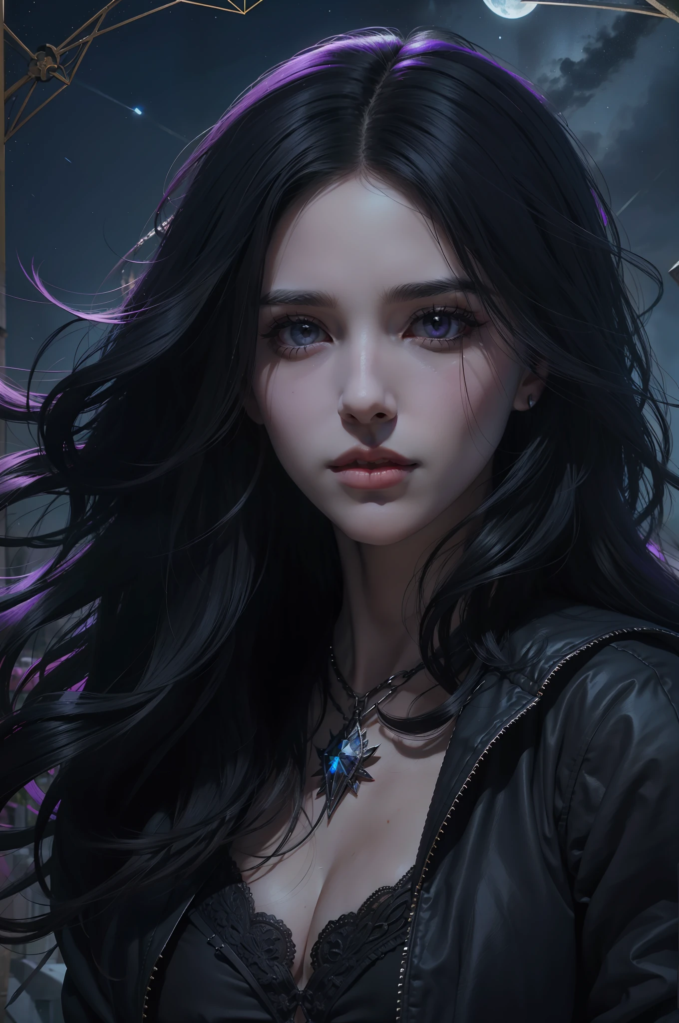 Beautiful woman reminiscent of Yennefer from The Witcher with long black hair and violet eyes bright as constellations, obra prima, ultra qualidade, 8k, cabelos caindo sobre seus ombros, in the background a cemetery, vestindo jaqueta e regata, chuva caindo sobre seus cabelos