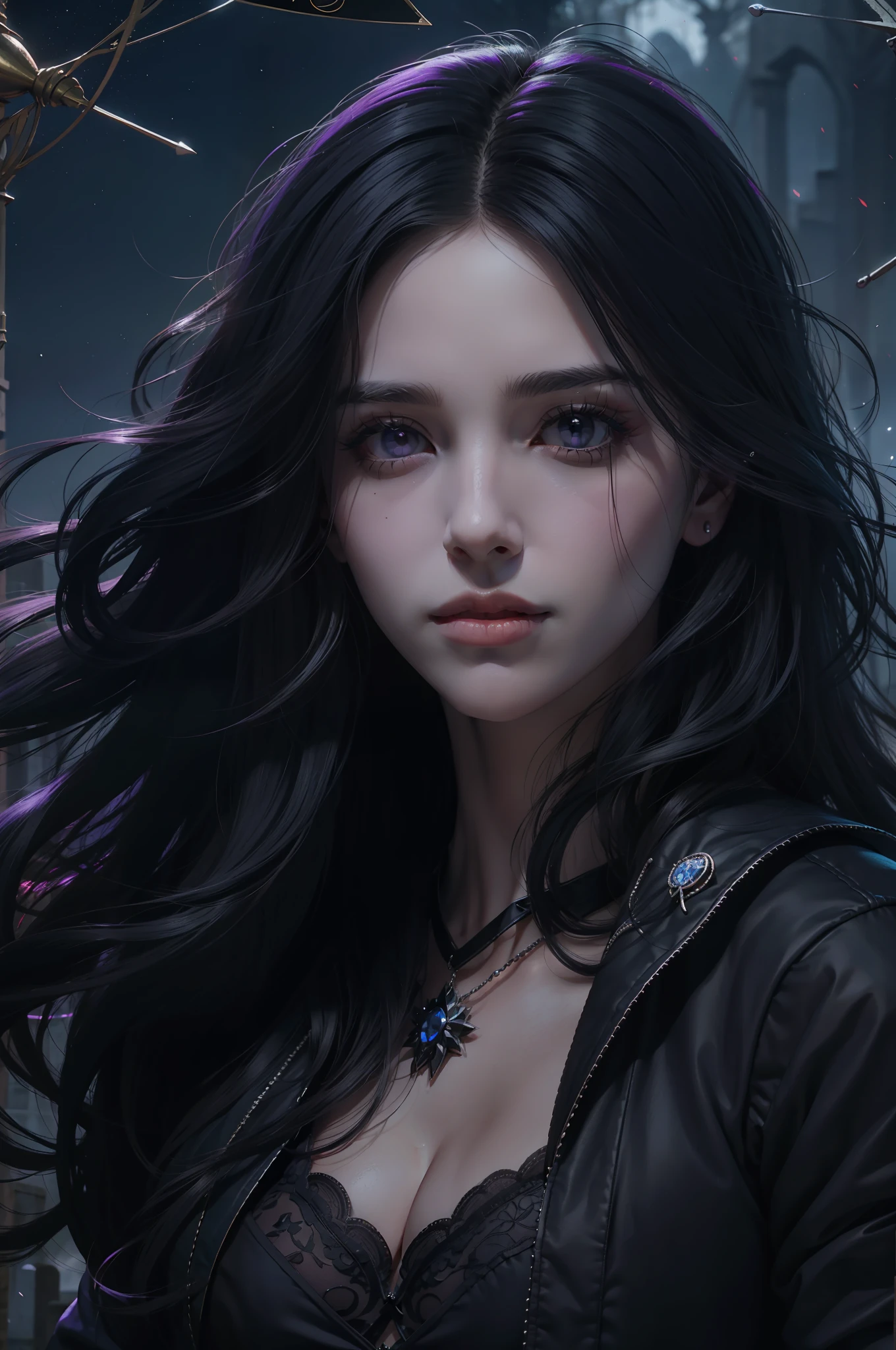 Beautiful woman reminiscent of Yennefer from The Witcher with long black hair and violet eyes bright as constellations, obra prima, ultra qualidade, 8k, cabelos caindo sobre seus ombros, in the background a cemetery, vestindo jaqueta e regata, chuva caindo sobre seus cabelos