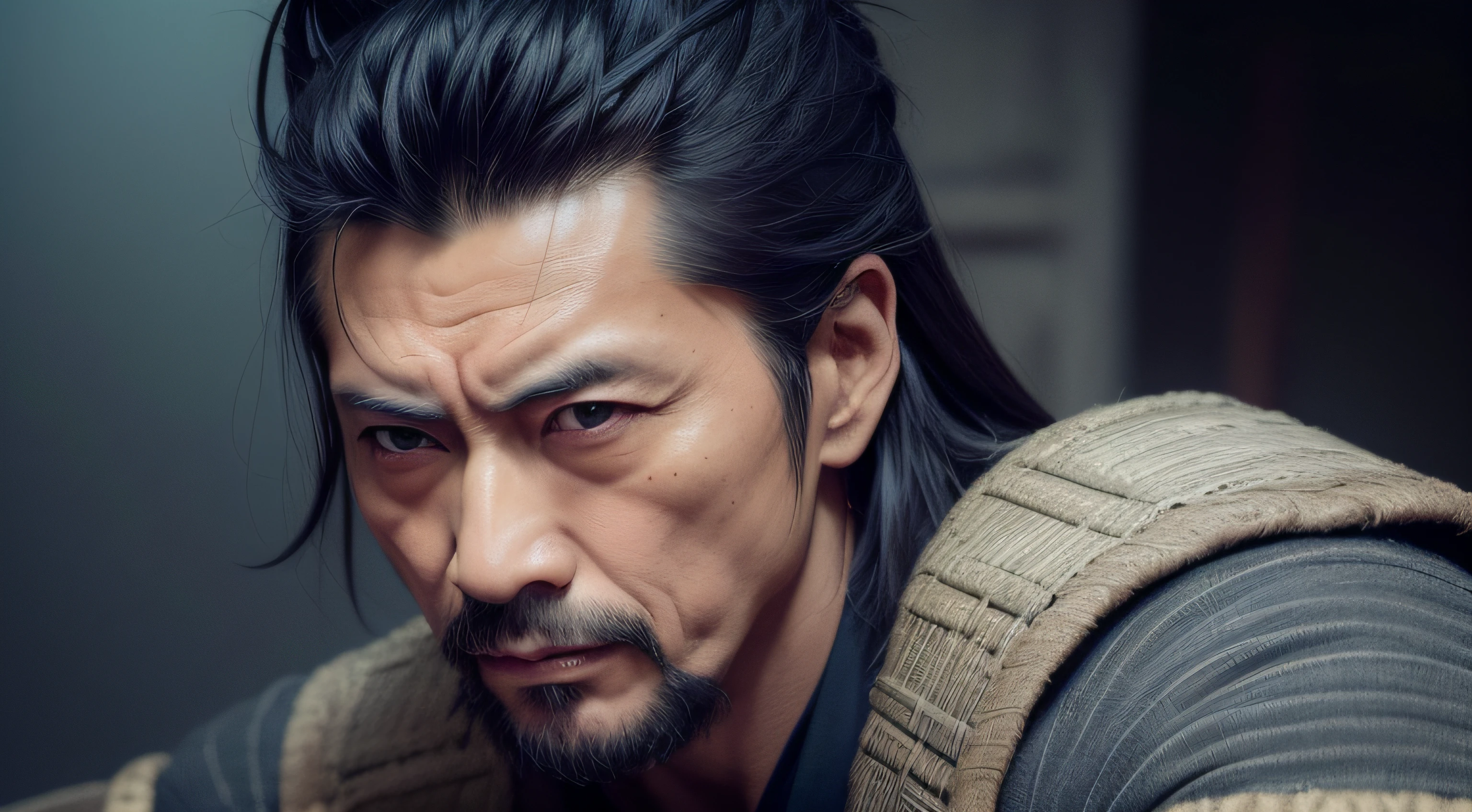 In this striking close-up, Miyamoto Musashi's face is revealed with a captivating aura of strength and wisdom. His sharp eyes hold the wisdom of countless battles, while his composed expression exudes an air of unyielding determination. The lines etched on his weathered face tell the story of a life lived with purpose and conviction. Musashi's strong jawline and resolute mouth reflect his indomitable spirit and unwavering commitment to his path as a warrior and philosopher. This powerful image captures the essence of Musashi's legendary status, inviting viewers to contemplate the depth of character and the indelible mark he has left on history as one of Japan's most revered swordsmen and philosophical thinkers.