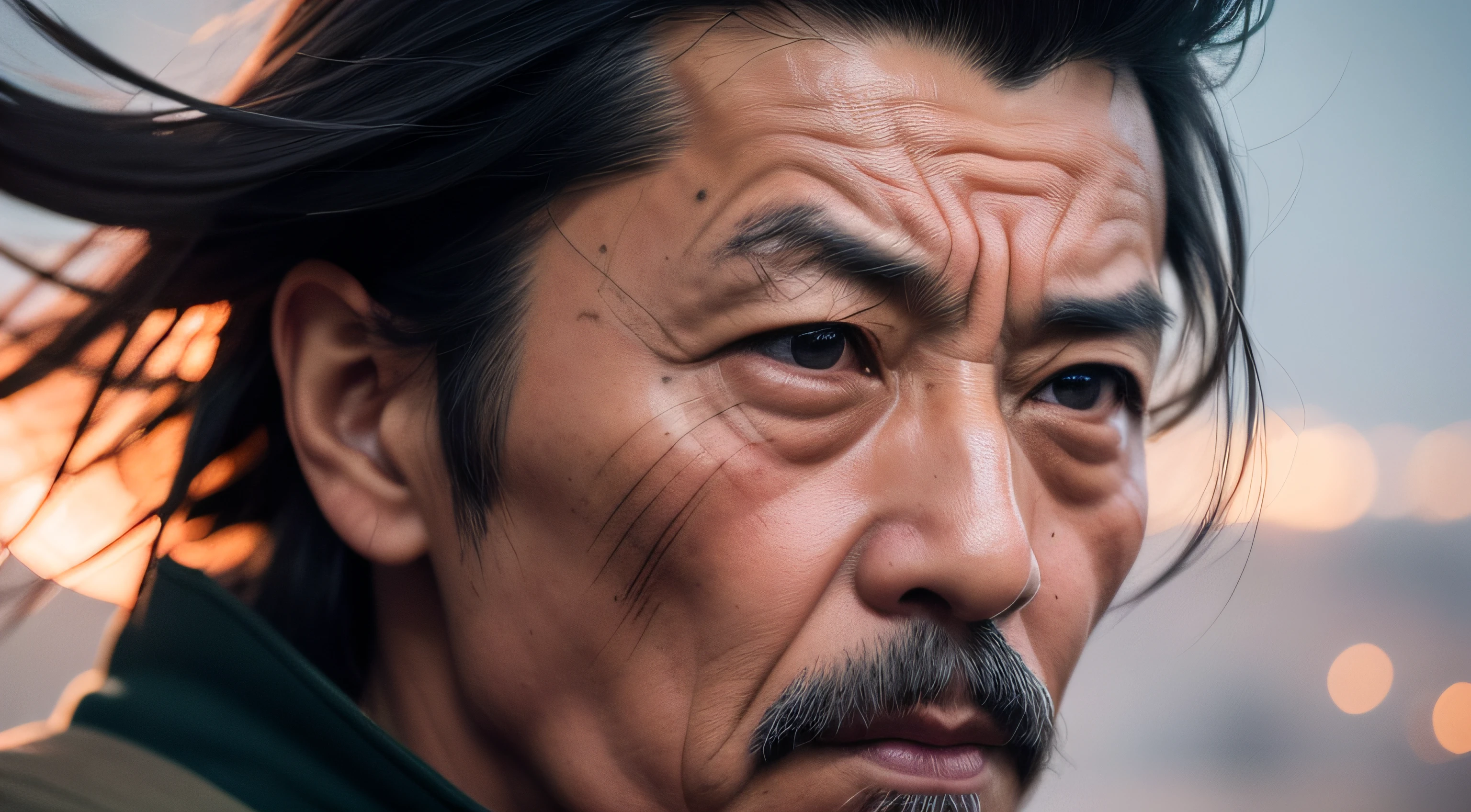 In this striking close-up, Miyamoto Musashi's face is revealed with a captivating aura of strength and wisdom. His sharp eyes hold the wisdom of countless battles, while his composed expression exudes an air of unyielding determination. The lines etched on his weathered face tell the story of a life lived with purpose and conviction. Musashi's strong jawline and resolute mouth reflect his indomitable spirit and unwavering commitment to his path as a warrior and philosopher. This powerful image captures the essence of Musashi's legendary status, inviting viewers to contemplate the depth of character and the indelible mark he has left on history as one of Japan's most revered swordsmen and philosophical thinkers.