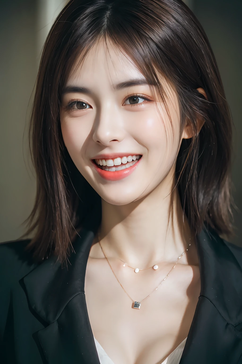 Dressed, (photographrealistic:1.4), (Hyper realistic:1.4), (Realistic:1.3), (Smoother lighting:1.05), (increase cinematic lighting quality:0.9), 32K, 1girl in,25-years old, Realistic lighting, Backlighting, Light on Face, raytrace, (Brightening light:1.2), (Increase quality:1.4), (Top quality real texture skins:1.4), finely detailed eyes, finerly detailed face, (tired and sleepy and joy:0), (Laugh:1.4), Black Suit,a necklace, (Increase body line mood:1.1), (Increase the beauty of skin texture:1.1)