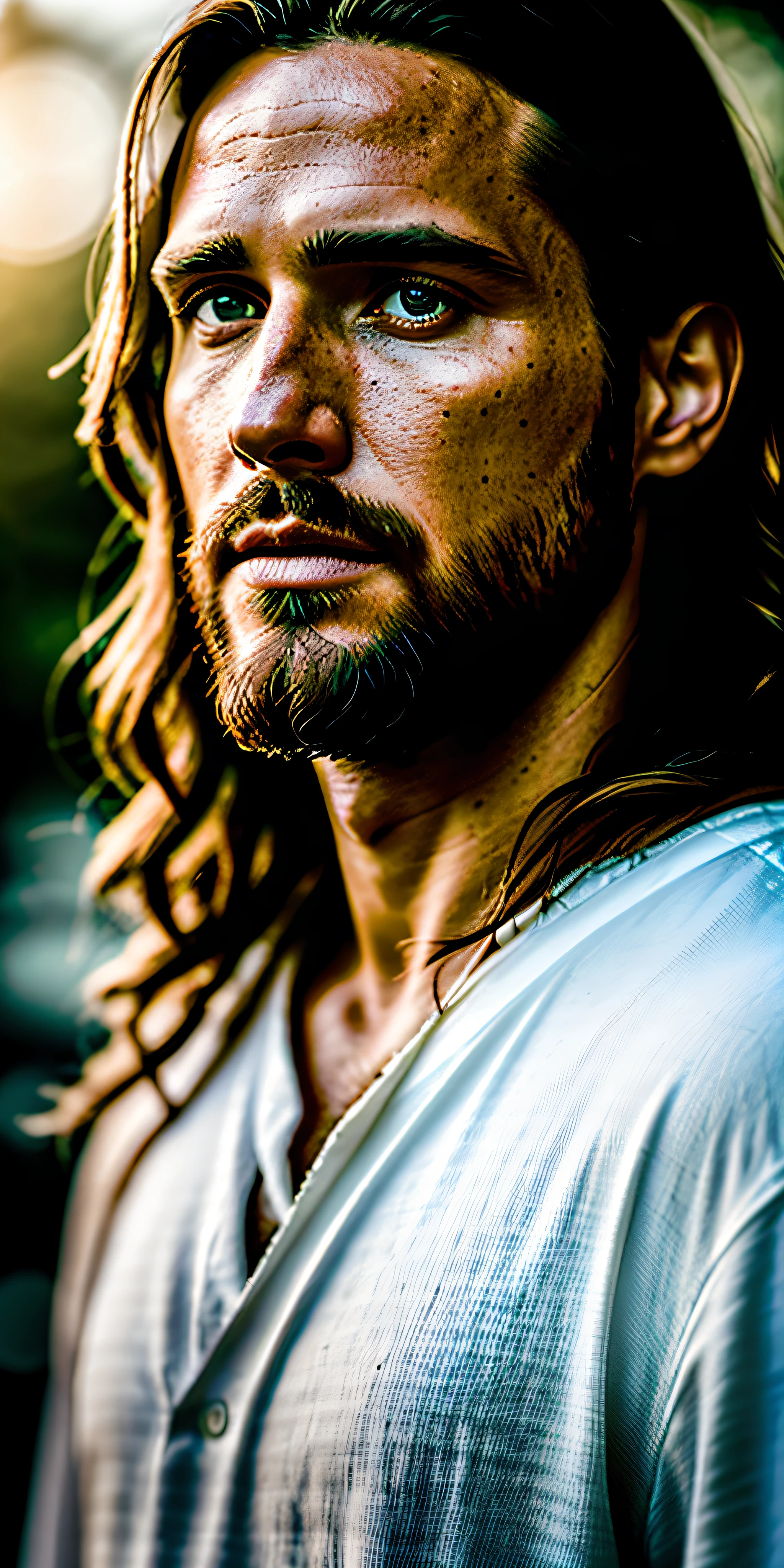 portrait of modern day Jesus, cinematic lighting, depth of field, bokeh, realism, photorealistic, hyperrealism, professional photography, uhd, dslr, hdr