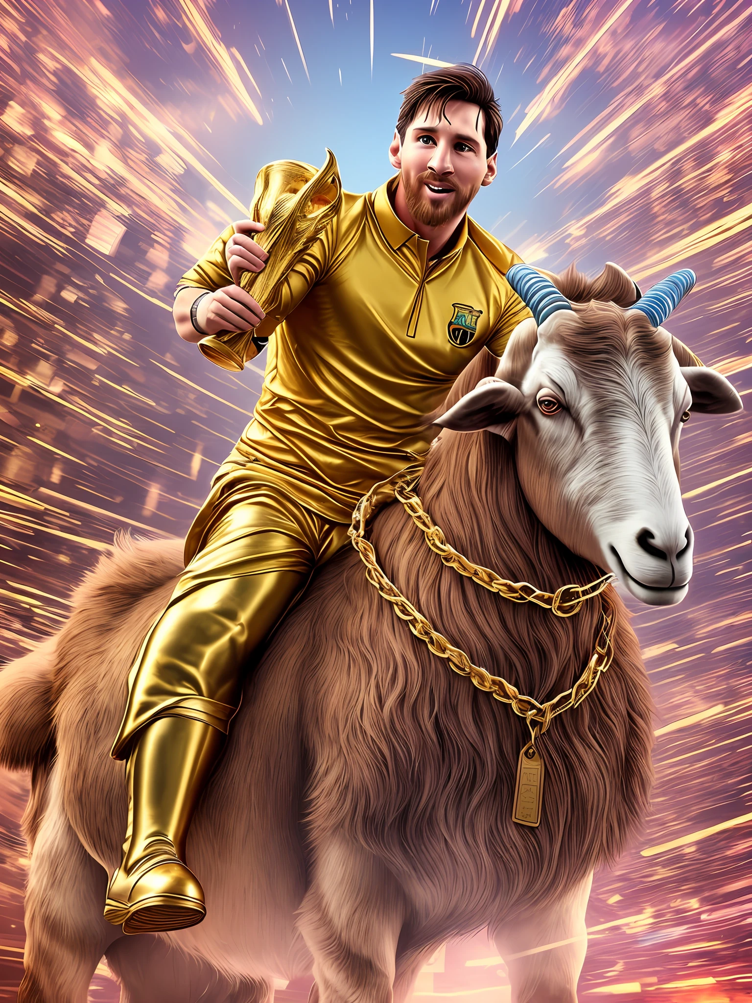 Very handsome Lionel Messi riding a beautiful golden and pink giant goat, holding the World Cup trophy in his right hand and rejoicing.Realistic, ultra-detailed work, detailed face, detailed body, CGI 8k resolution. --auto --s2