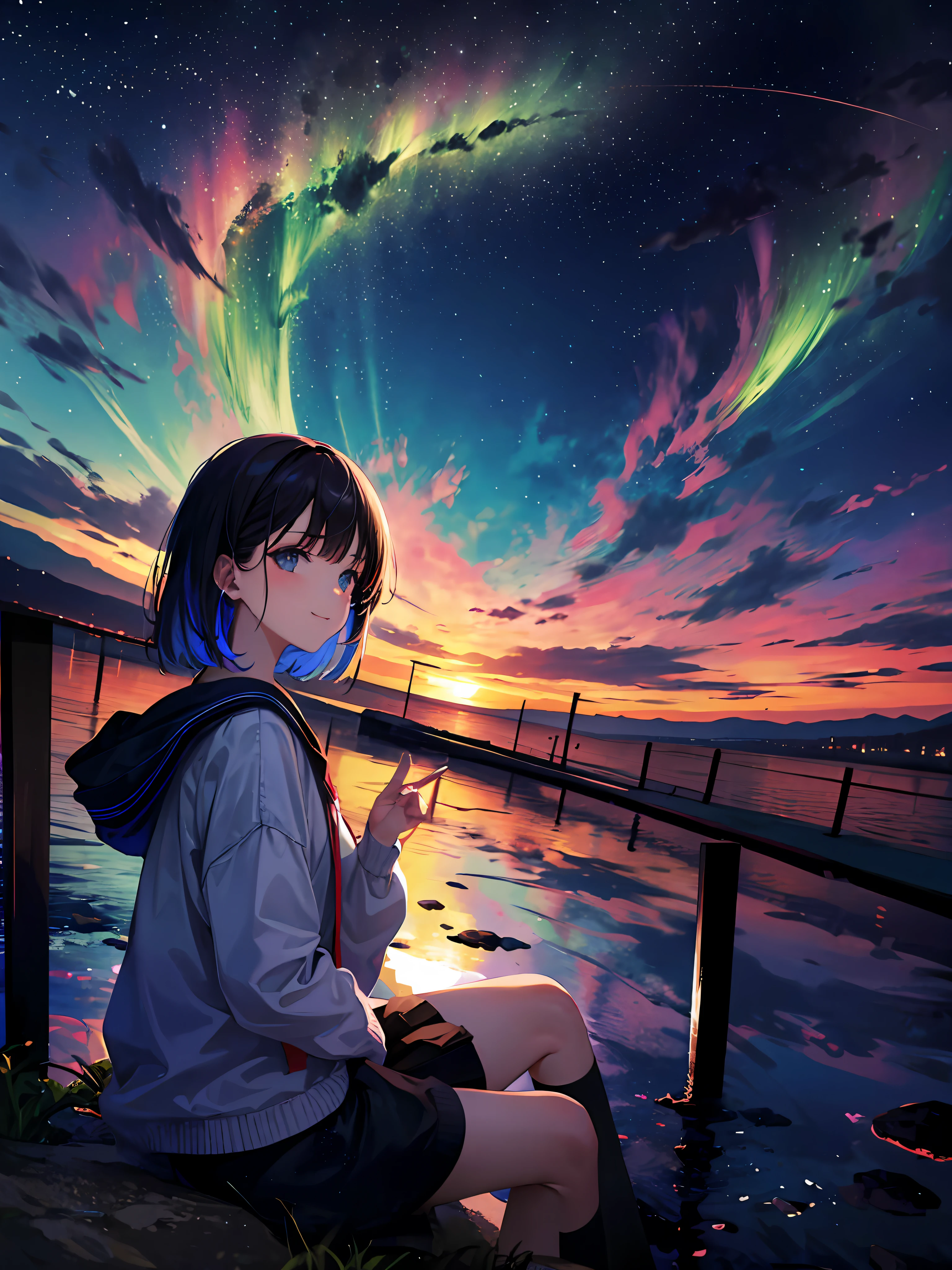 Girl, cloud, colorful, cool, masterpiece, sit, from side, sideways, smile, starry, stars