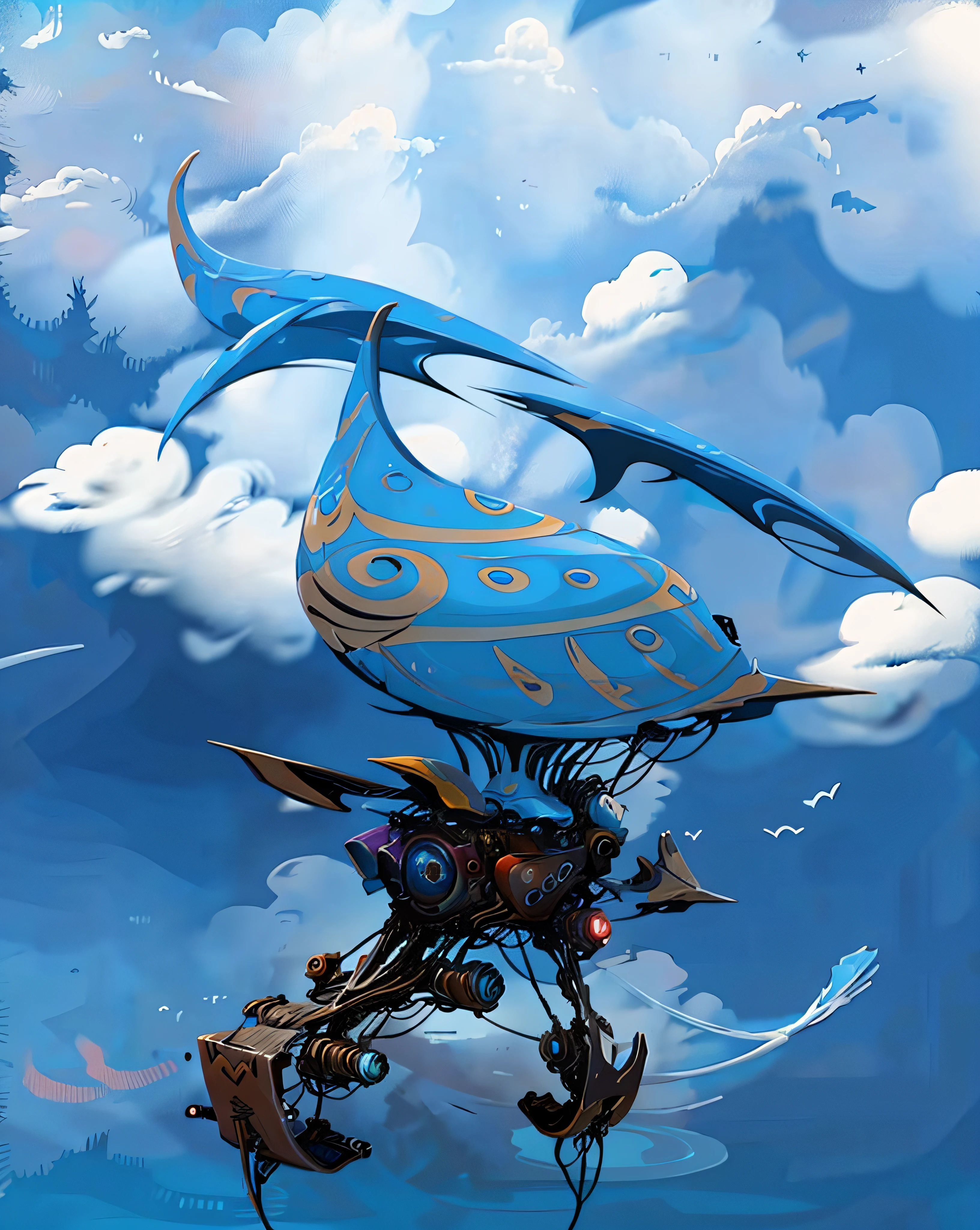 Precioso super velero estilizado volando entre las nubes multicolores esplendorosas y abajo un mar esmeralda encrespado con enormes olas que se acercan al cielo