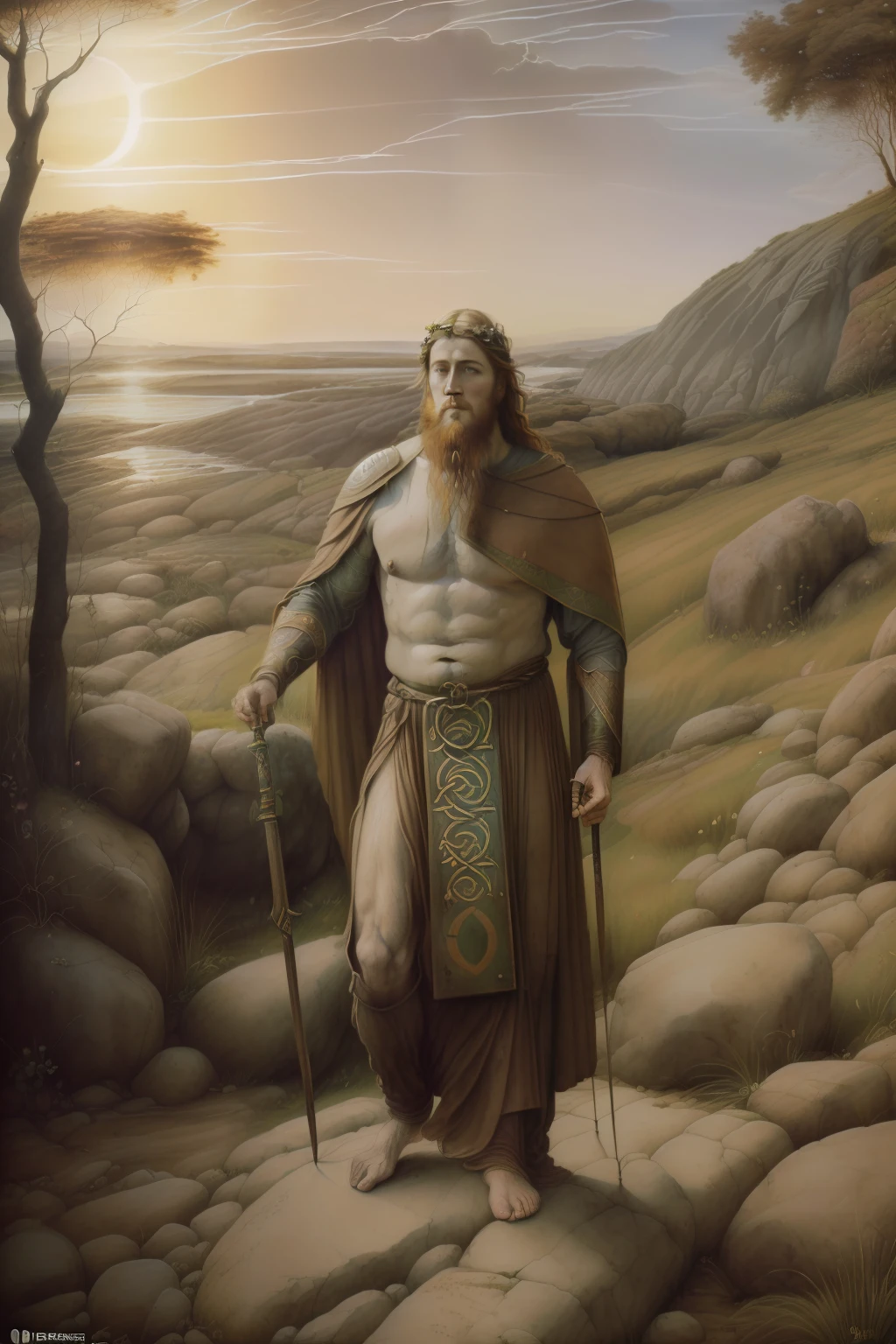 (((Pre-Raphaelite painting of an Irish Celtic god, barba ruiva, esculpe letras Ogham em uma pedra, por do sol, deus Ogma, rustic man, Ogham, divindade, luz radiante, halo)))