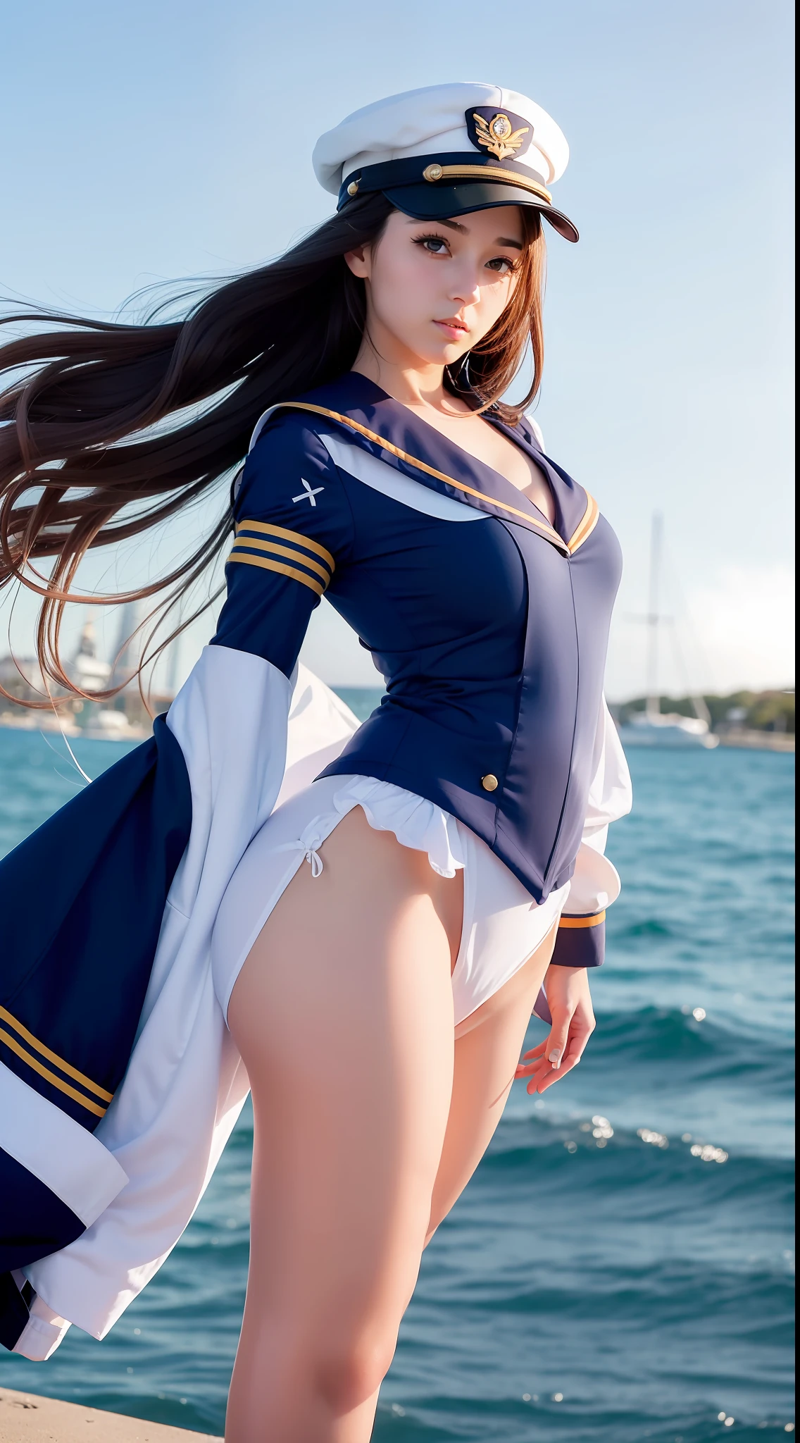 female pervert,a sailor suit,Long leg detail,Holding a hat,light wind,aboard,Long wavy hair