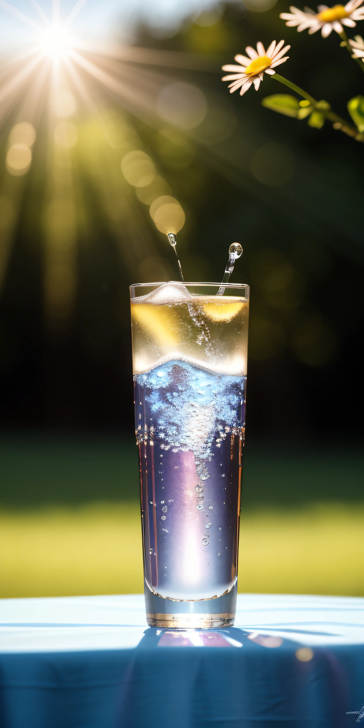 A glass with drops of water filled with carbonated drinks, translucent liquid, ice cubes, bubbles, a floral crown of daisies and lavender on picnic tablecloths, midday outdoor lighting, open air, natural background, summer day, hot weather, high detail, very humid humidity, high brightness, wet watermarks, overdetail, super detail superdetailing, surrealism, soft light, studio lighting, diffuse soft light, shallow depth of field, sharp focus, bokeh effect, light tracking, subsurface scattering, complex soft light, diffuse soft light, highly detailed glass reflection, ultra-thin (superfine, ultra-thin) (thin, fine, ultra-detailed), cinematic, surrealism, armature, best quality, ultra-high resolution (photorealistic: 1.4), high resolution, detail, raw photography, clear reproduction, stock camera 4 kodak portra 400, f1.6 lens, realistic texture, dramatic lighting, unreal engine, popular on artstation, cinemas up to 800 ,