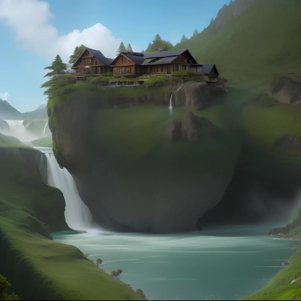 Be transported to a mystical island, where waterfalls flow upwards, And the mountains are made of glass, Cozy two-storey house flies over the green shore, photo realism, cinema, 8K