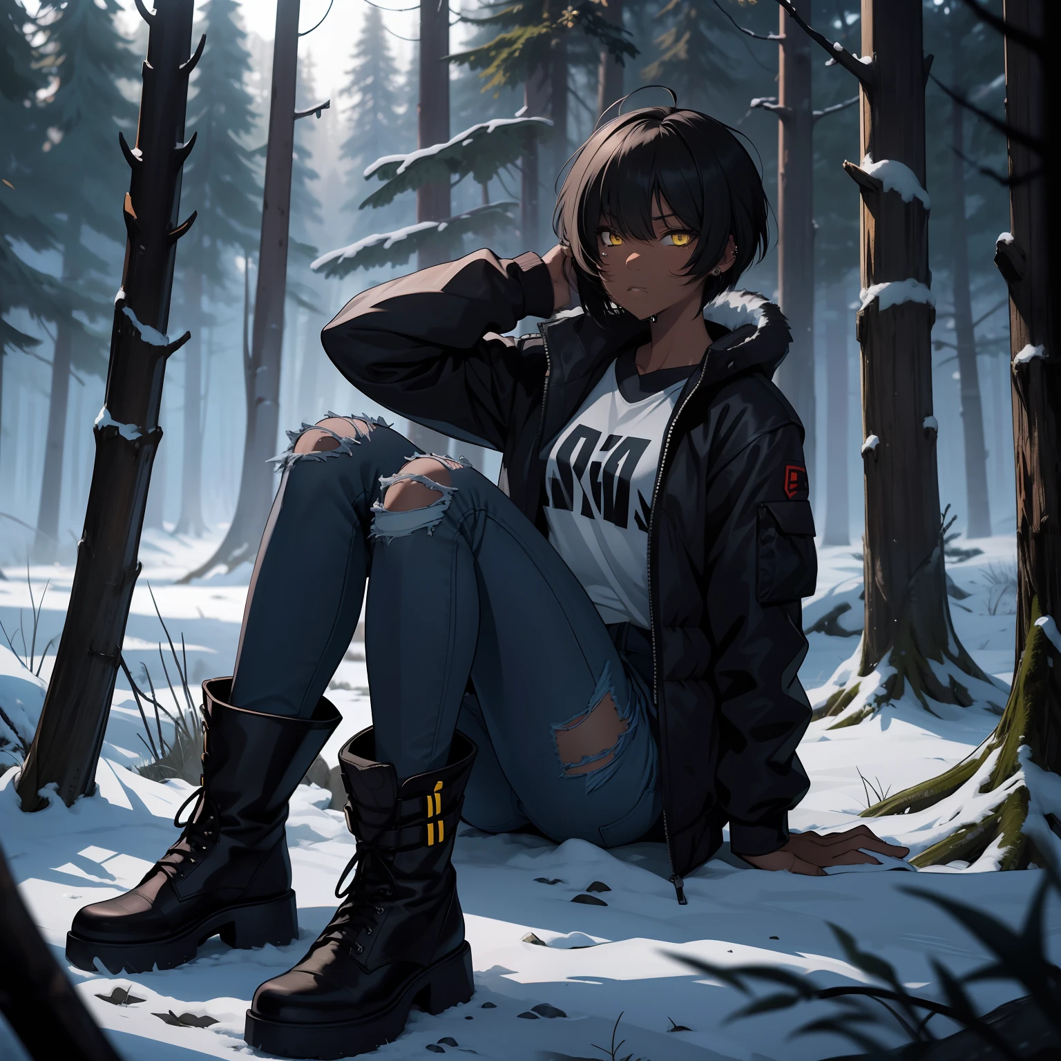 a 1girl, 独奏, yellow eyes, Short Hair Hair, Long bangs, hairsh, Black, dark-skin,худи, torn jeans, High boots, Tired look, winter, dark forest, the night, poor lighting from a flashlight, dirty clothes, body piercings.
