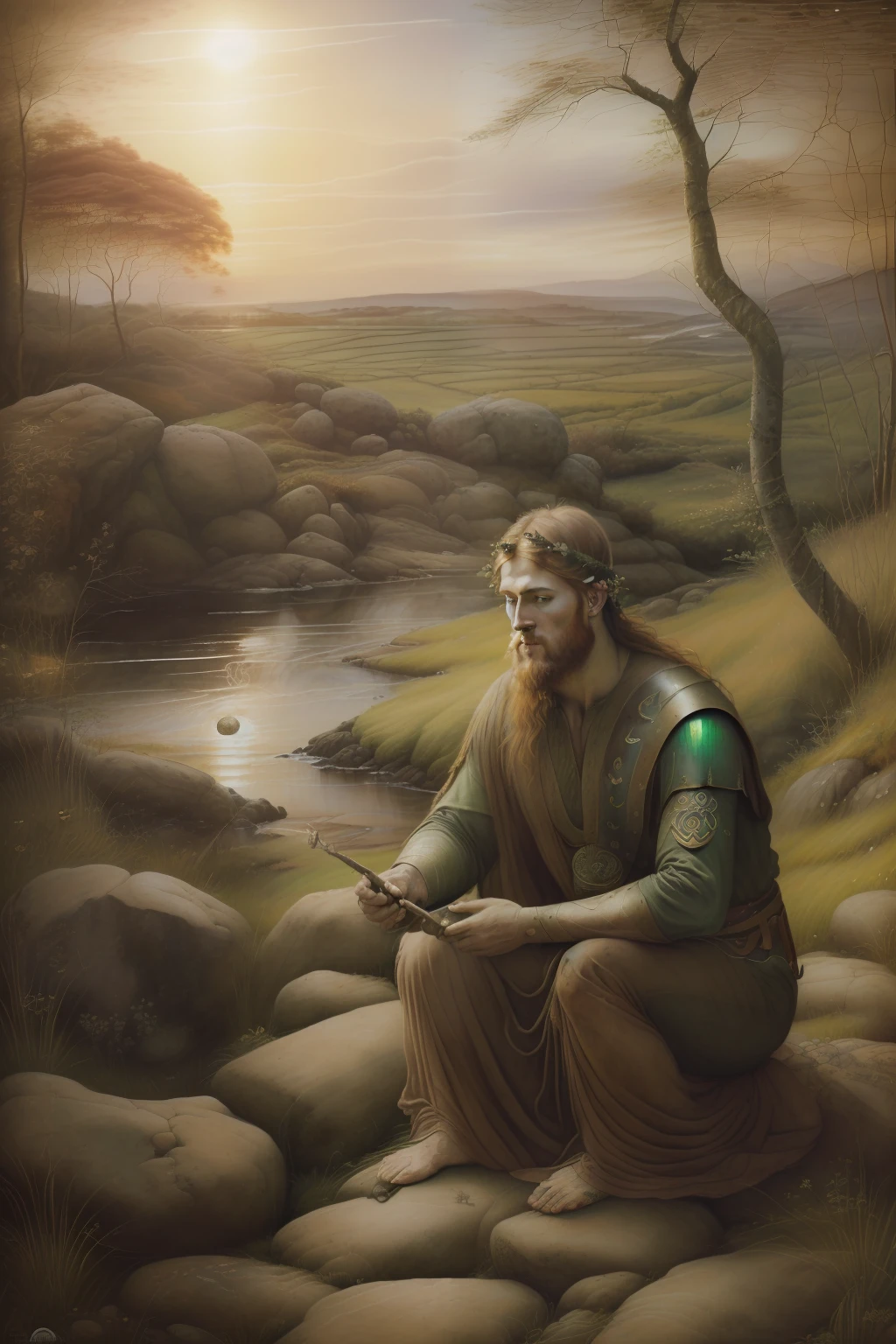 (((Pre-Raphaelite painting of an Irish Celtic god, barba ruiva, esculpe letras Ogham em uma pedra, por do sol, deus Ogma, rustic man, Ogham, divindade, luz radiante, halo)))