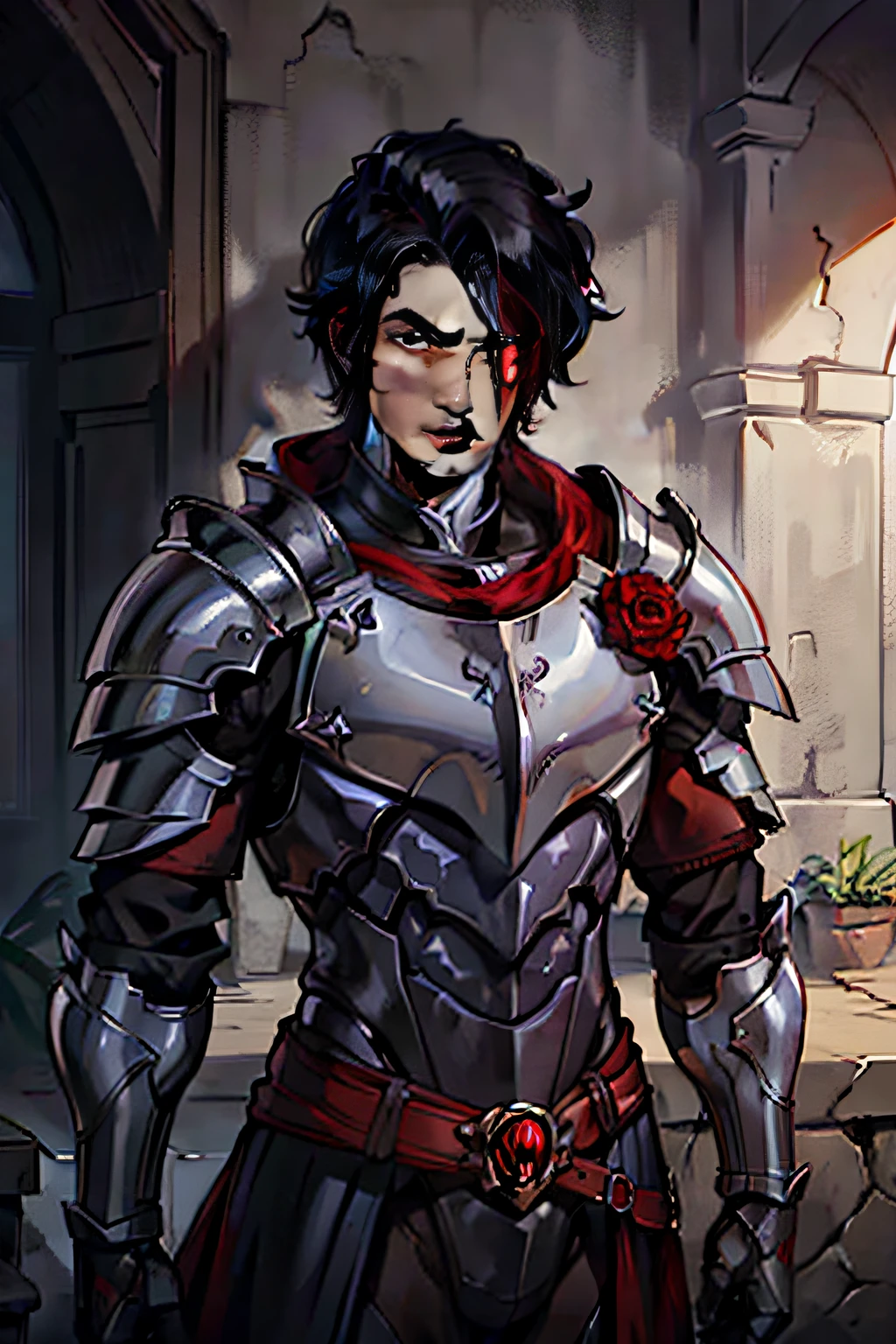 ((Male: 1.1)) Knight in a Dark Armor adorned with Red Jewels, Short Black Hair, Red Eyes, Left Eye Hidden under a Shadow, Portrait, Masterpiece, Extremely Detailed, Male, Man, Masculine, A Man