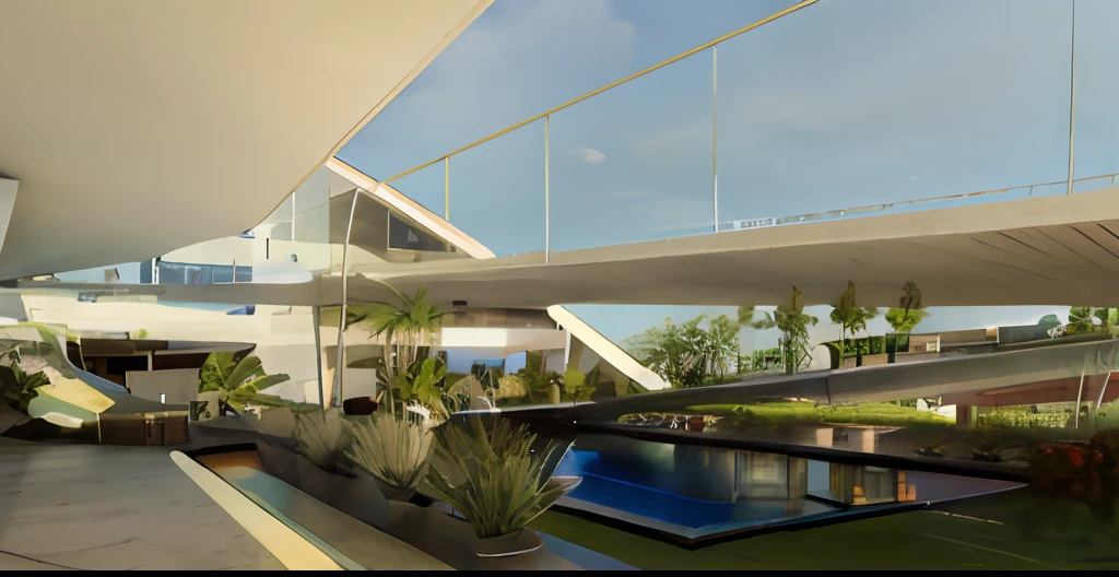 There is a large building with a swimming pool and a bridge, architectural render, architecture rendering, architectural visualisation, detail render, architectural 3 d render, architectural visualisation, Casa Conceito, architectural concepts, architectural concept, low angle dimetric rendering, Detailed rendering, Great futuristic residence, architectural render, large modern residence, Complex 3D Rendering, complex 3 d render