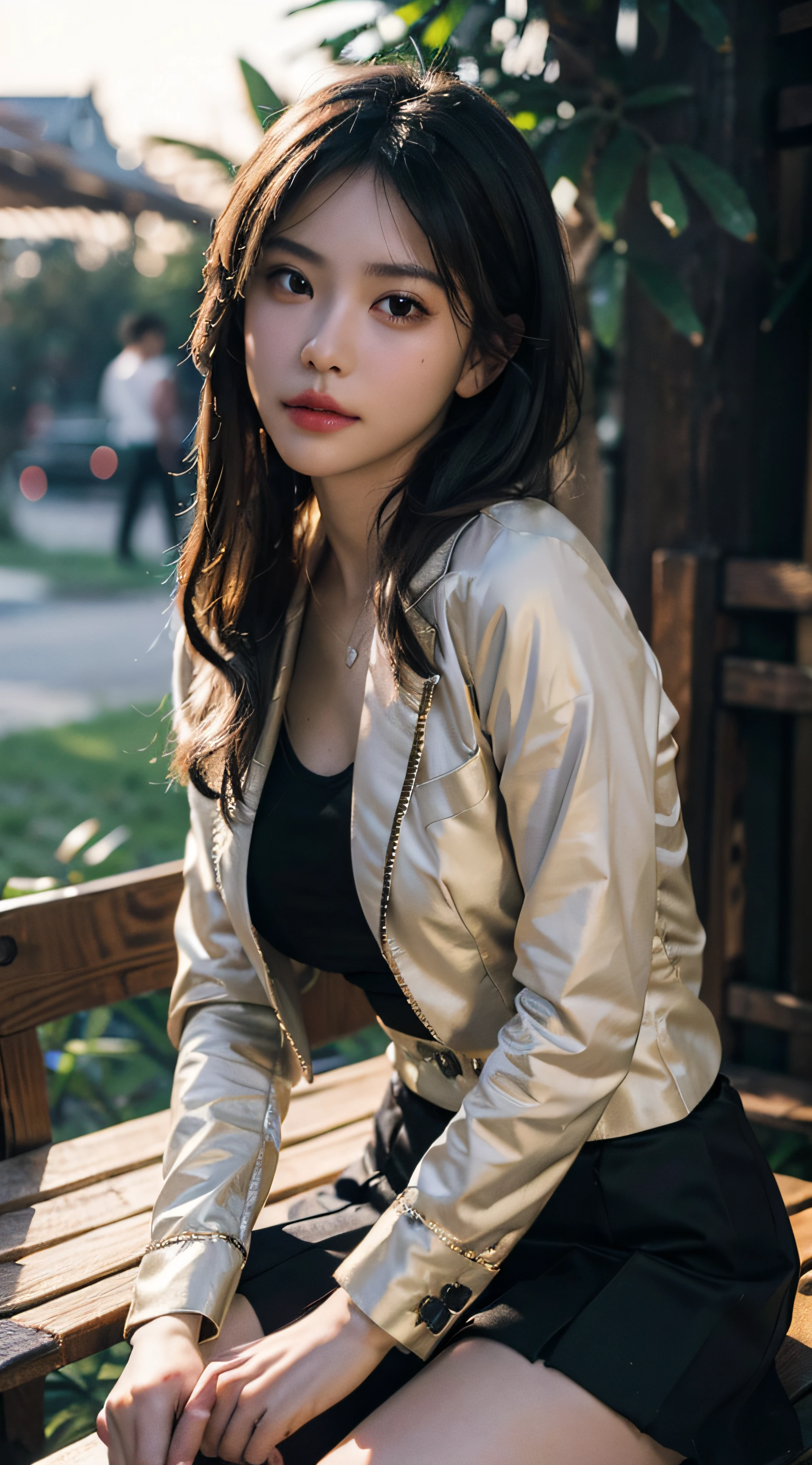 best quality, masterpiece, 1girl, Beautiful face, (photo realistic:1.3), rim lighting, (high detailed skin:1.2), 8k uhd, dslr, high quality, high resolution, 4k, 8k, Bokeh, absurdres, best ratio four finger and one thumb, (realistic:1.3), cute 1girl, wearing black formal blazer, medium breasts, short skirt,