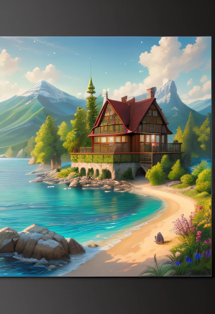 scenery, water (чрезвычайно подробные wallpaper CG Unity 8k), A house on the shore, The most beautiful works of art in the world, Professional majestic oil painting, Complex, higly detailed, Sharp focus, Dramatic, photorealistic painting art