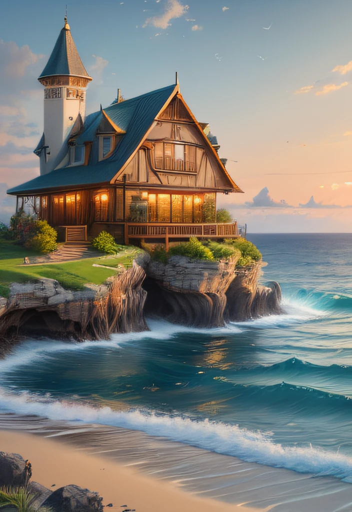 scenery, water (чрезвычайно подробные wallpaper CG Unity 8k), A house on the shore, The most beautiful works of art in the world, Professional majestic oil painting, Complex, higly detailed, Sharp focus, Dramatic, photorealistic painting art