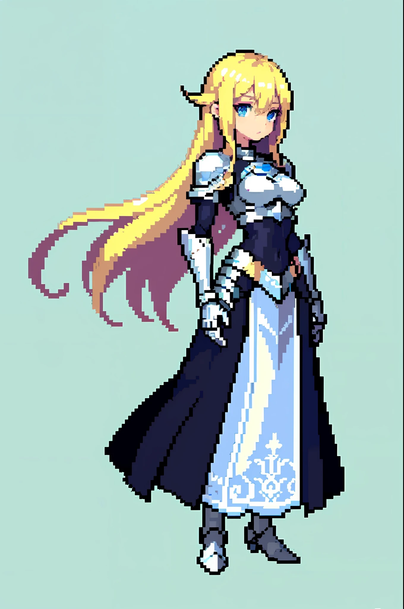 (masterpiece, top quality, best quality), pixel, pixel art, 1woman, full body, white skin, blue eyes, blonde hair, shining silver armor, adult woman