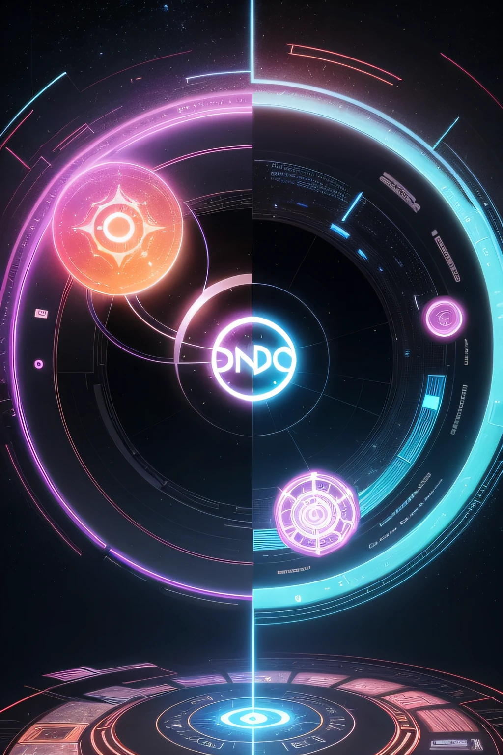 The logo displays a stylized circle that represents a dimensional portal. Dentro do portal, There are different symbols that represent different timelines and realities. The background is black with bright stars, giving the feeling of being in space. The colors are futuristic and vibrant, destacando a ideia de um evento interdimensional.