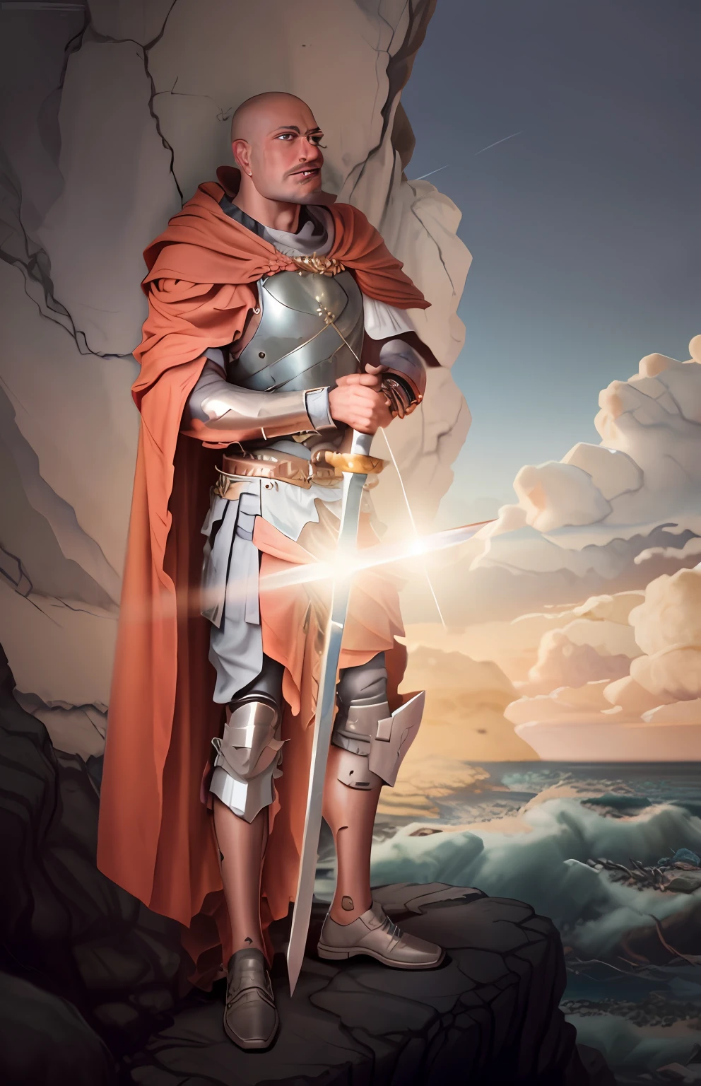 Bald man in armor standing on a rocky beach with a sword, full portrait of magical knight, Paladino masculino, alexguerra3 como um paladino, Paladino fantasia, Directed by: Roman Bezpalkiv, inspirado em Roman Bezpalkiv, cavaleiro medieval cruzado sagrado, Epic Fantasy Digital Art Style, segurando uma espada colossal, Directed by: Alexandre Kucharsky