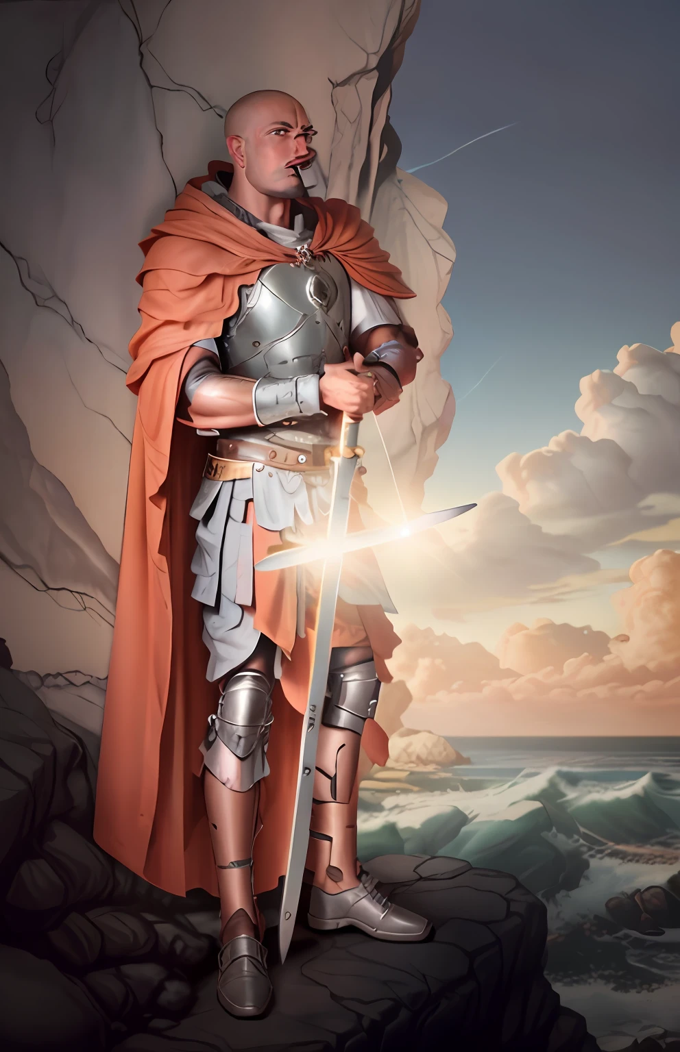Bald man in armor standing on a rocky beach with a sword, full portrait of magical knight, Paladino masculino, alexguerra3 como um paladino, Paladino fantasia, Directed by: Roman Bezpalkiv, inspirado em Roman Bezpalkiv, cavaleiro medieval cruzado sagrado, Epic Fantasy Digital Art Style, segurando uma espada colossal, Directed by: Alexandre Kucharsky