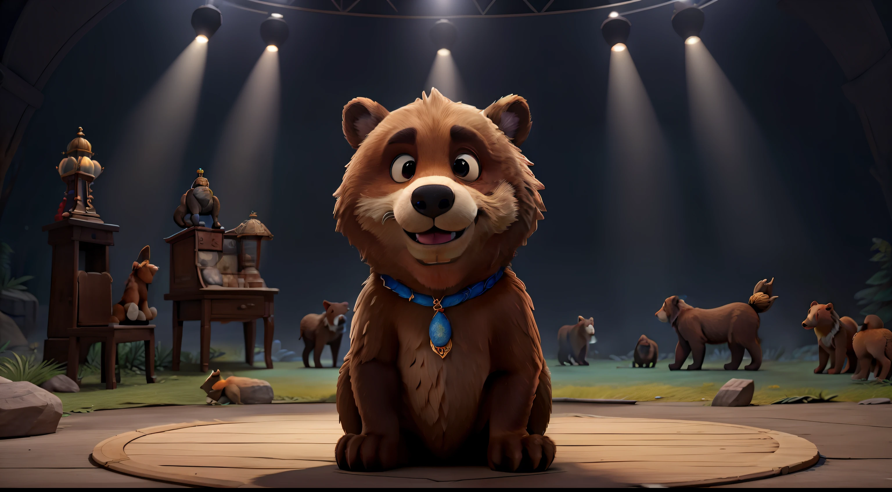 "Summoned by Baloo the Wise Bear, various animal species gather in the central clearing at the back of the stage. (Unique animals), (Best Quality), (Masterpiece), (Detail: 1.4), 3D."
