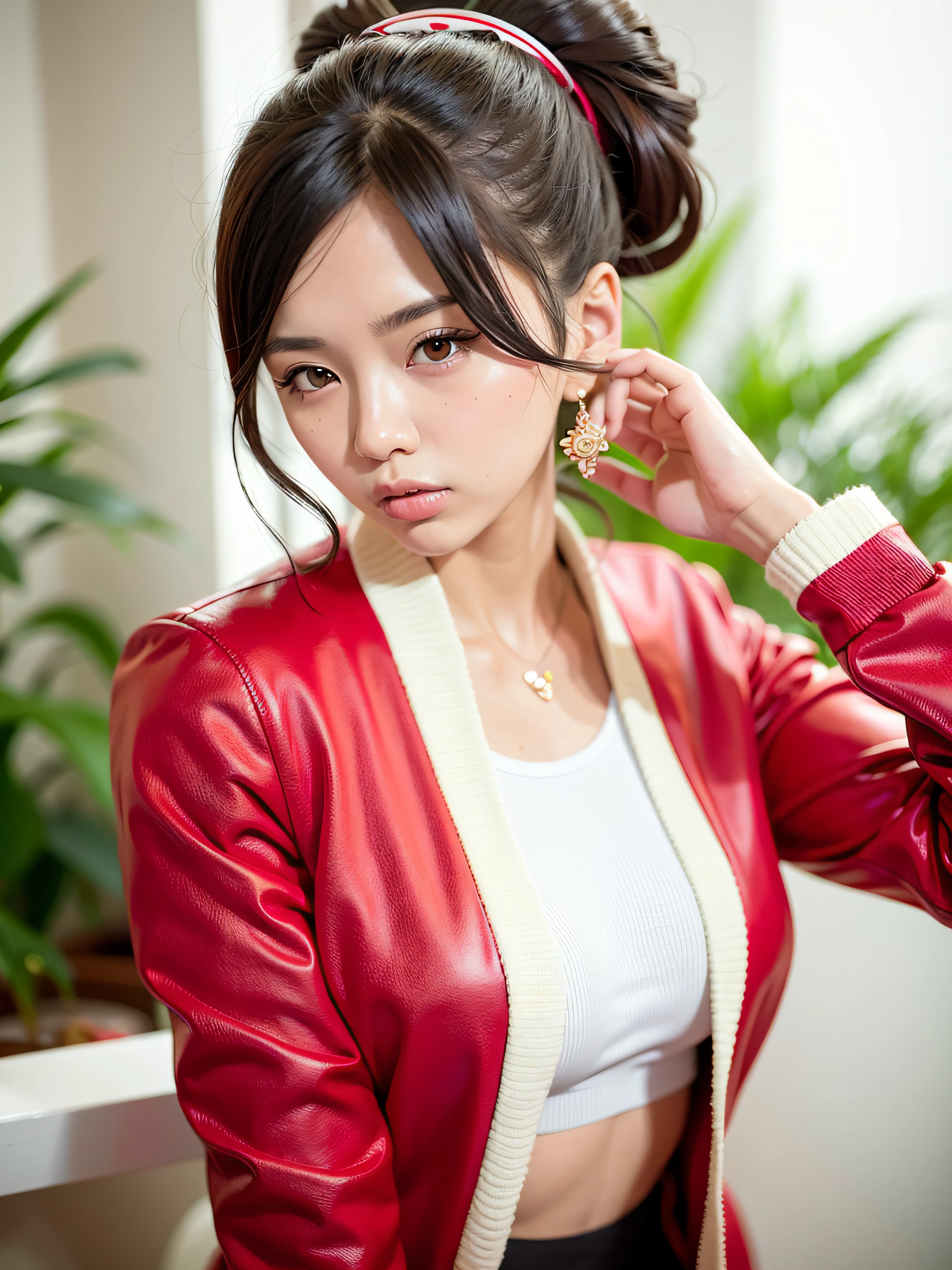 araffe asian woman in a red top and white jacket posing, ig model | artgerm, korean girl, ulzzang, gorgeous young korean woman, trending on cgstation, korean idol, portrait of female korean idol, beautiful south korean woman, photo of slim girl model, jaeyeon nam, beautiful young korean woman, trending at cgstation