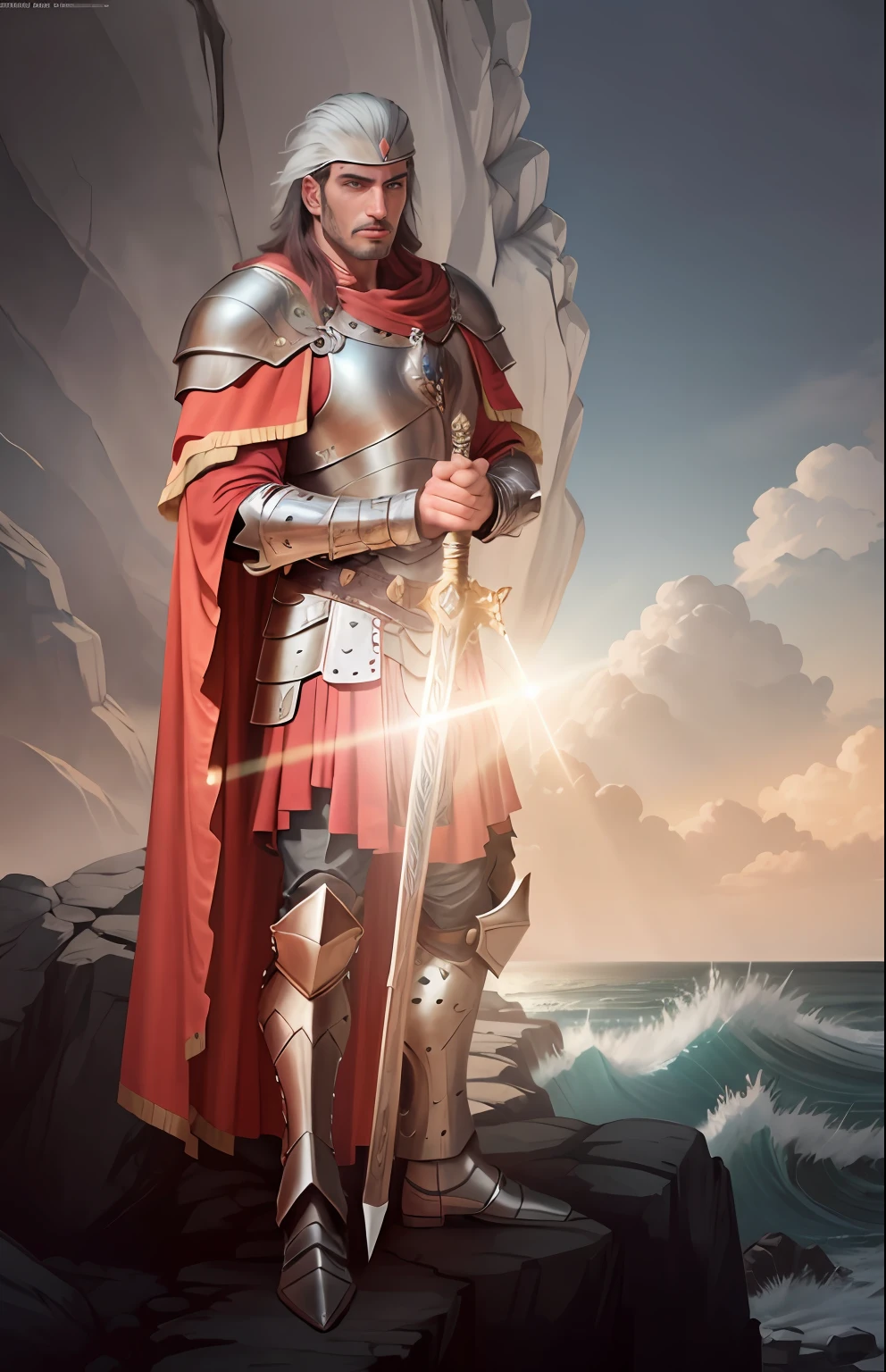Bald man in armor standing on a rocky beach with a sword, full portrait of magical knight, Paladino masculino, Arsen Lupin como um paladino, paladino fantasia, Directed by: Roman Bezpalkiv, inspirado em Roman Bezpalkiv, cavaleiro medieval cruzado sagrado, Epic Fantasy Digital Art Style, segurando uma espada colossal, Directed by: Alexander Kucharsky