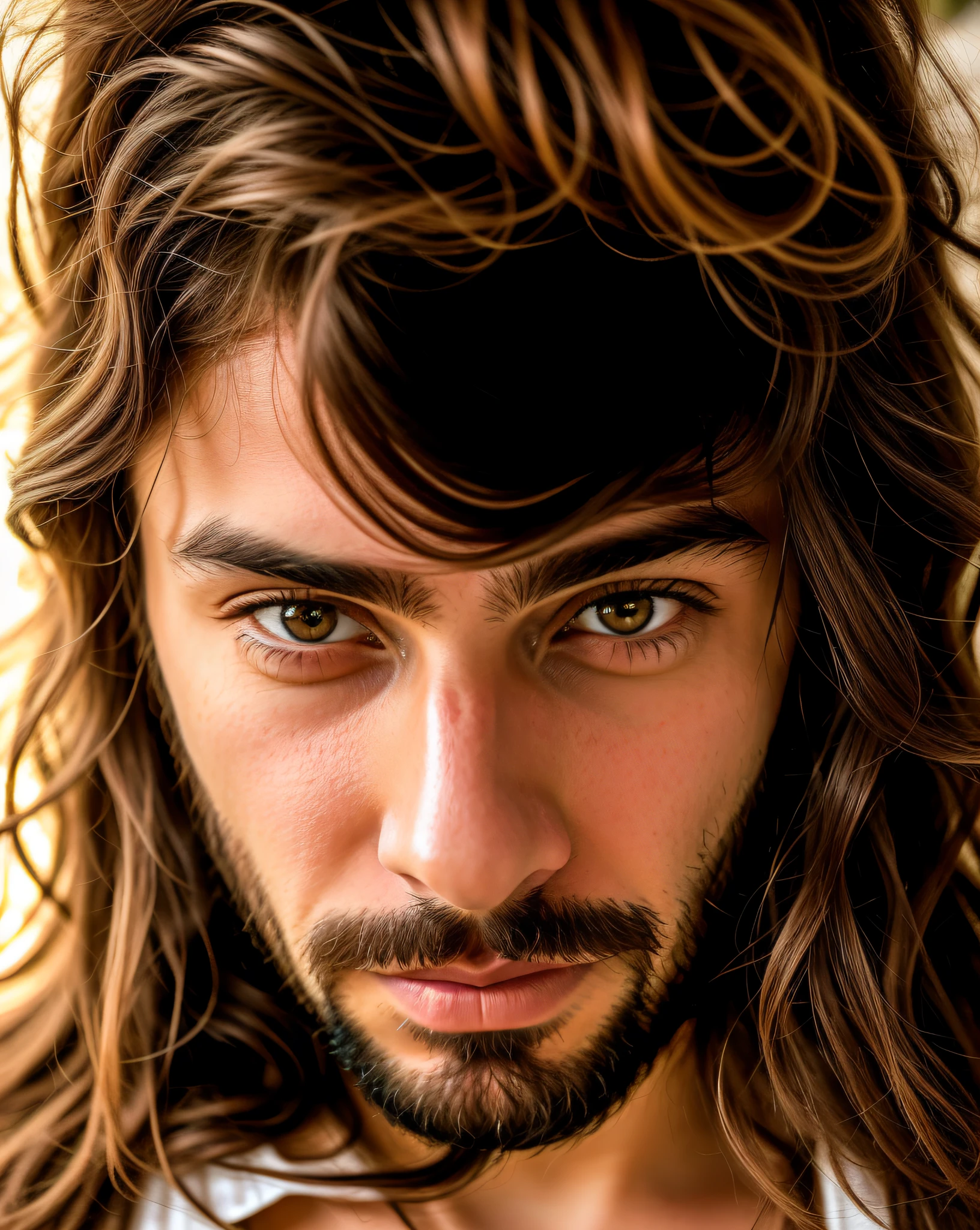 There is a man with long hair and beard looking at the camera, 8K selfie photography, with haunted eyes and dark hair, looking intensely at the camera, intense look in the eyes, with eager piercing eyes, with long hair and piercing eyes, his eyes are red and bright