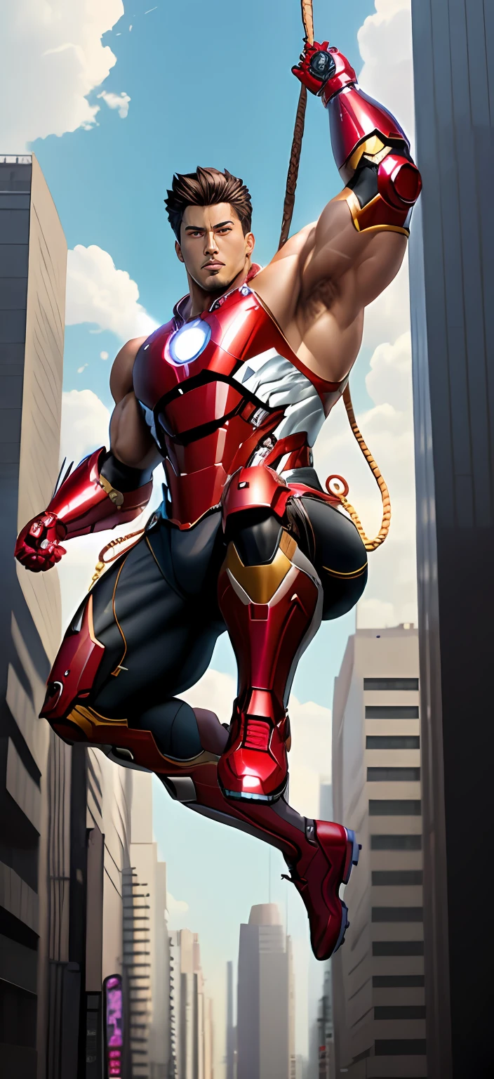 anime styled、Kabukicho、A large number of buildings、ultra-detailliert、Full CG、Tarzan-style man jumps over buildings and buildings with ropes、full body Esbian、Brown-skinned、height 180 cm, Weight 120 kg Obese body type、Special hairstyles、Half-pants-shaped high-tech armor pants、Upper body naked、hight resolution、presence、Grab the rope with your right hand、Jumping、Iron Man-like armor-shaped half pants