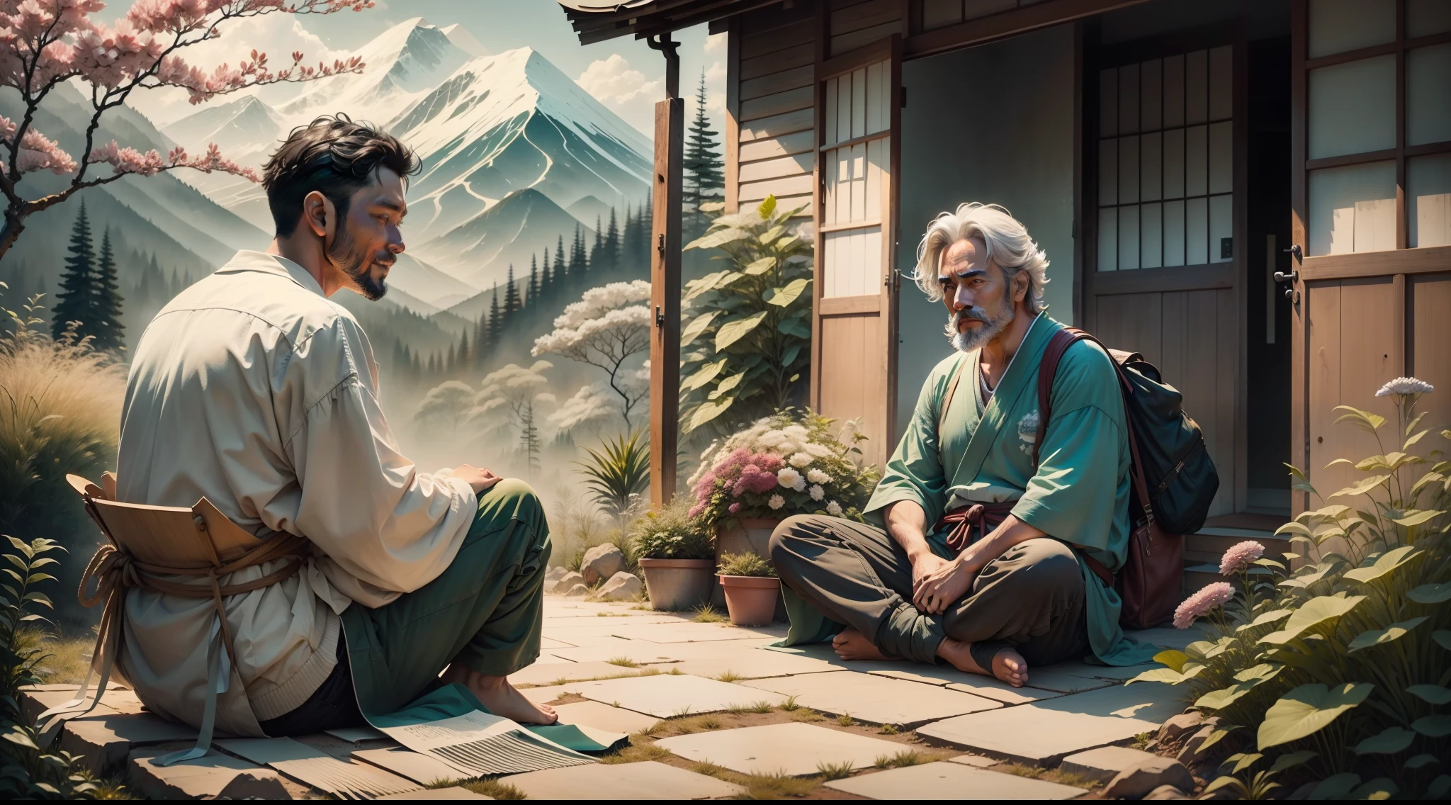 A foto de perfil deve ser uma pintura a tinta chinesa best quality, piece of master, ultra high-resolution, (Realistic: 1.4) 1 Japanese man 35 years old, vestindo quimono branco, green pants, sorridente, olhar alegre, entono da imagem uma casa com um lindo jardim, dia, luz natural, Montanhas, sol, Expressionismo, realismo, contemporary art, Realistic texture, imagem frontal