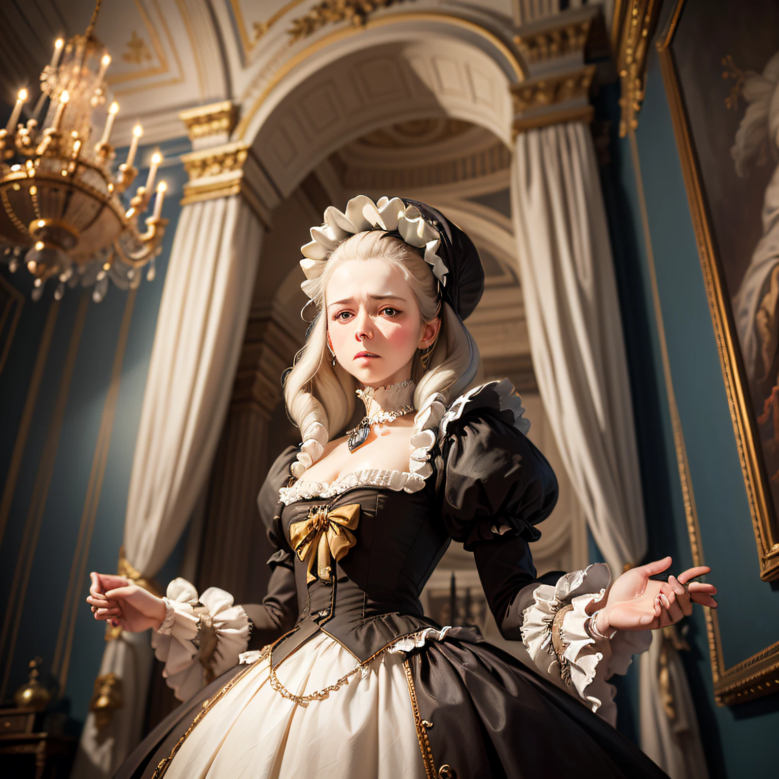 (masterpiece, best_quality, oil_painting of Marie Antoinette during the Baroque period:1.4) marie_antoinette, baroque_style, oil_painting, historical_figure, brownish_colors, sepia_tones, guillotine, execution, frightened_expression, crying_tears, sad, depressed, historical_drama, regal_attire, lavish_dress, powdered_wig, elaborate_hairstyle, intricate_details, intricate_jewelry, lace_collar, ruffled_sleeves, tearful_eyes, pained_expression, dramatic_lighting, somber_mood, historical_tragedy, palace_interior, grand_hall, chandeliers, opulent_decor, ornate_furniture, dark_curtains, gloomy_ambience, historical_portrait, emotion_conveying, realism, historical_significance, highly detailed, authentic, 8k wallpaper