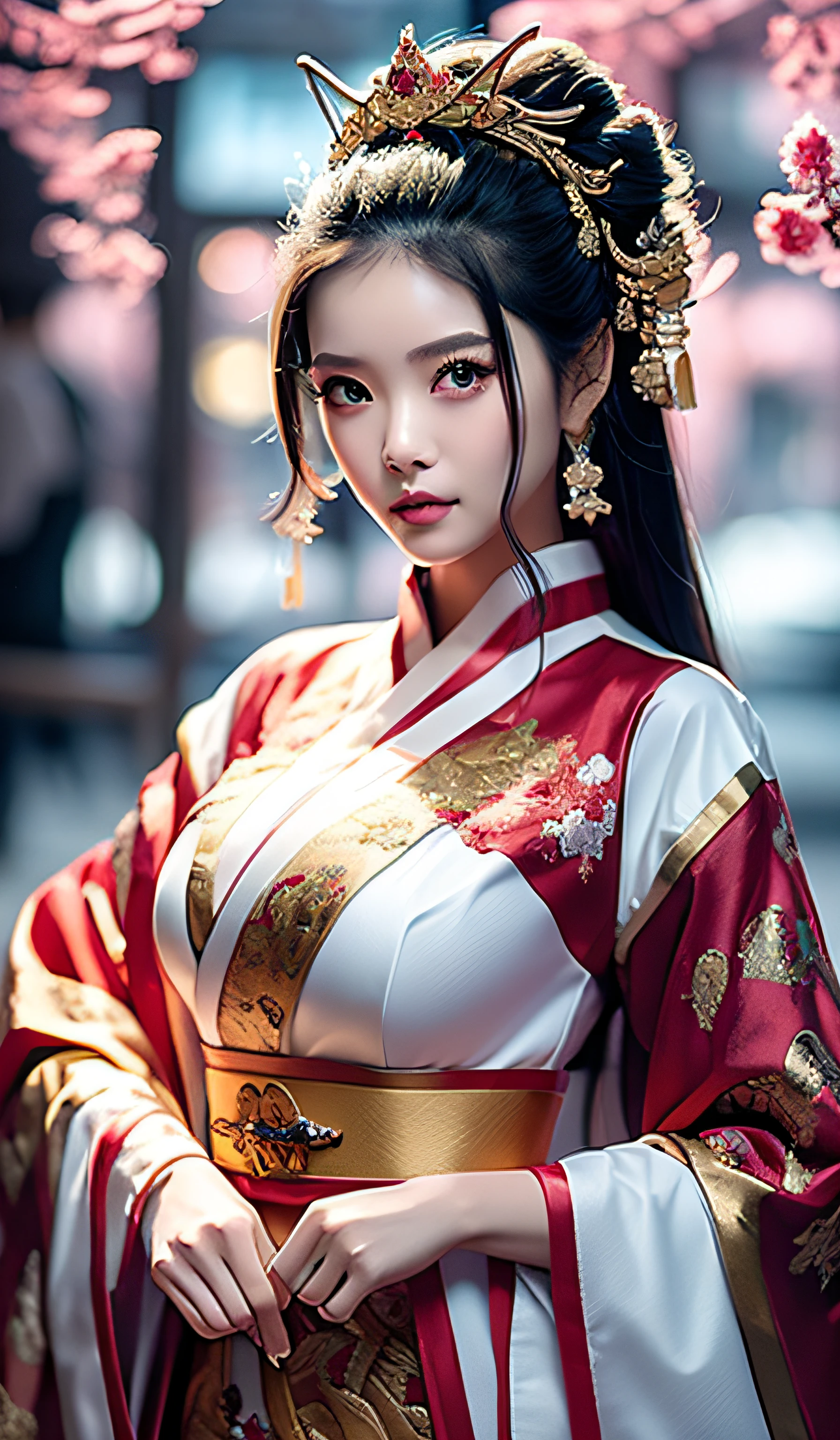 top-quality、masterpiece、hight resolution、Wuxi 1girl、(gold Chinese dress)、((Super beautiful face))、Super beautiful eyes、Super beautiful hair、(cleavage of the breast、exposed breast、Sexy cleavage、very highly detailed breasts)、
