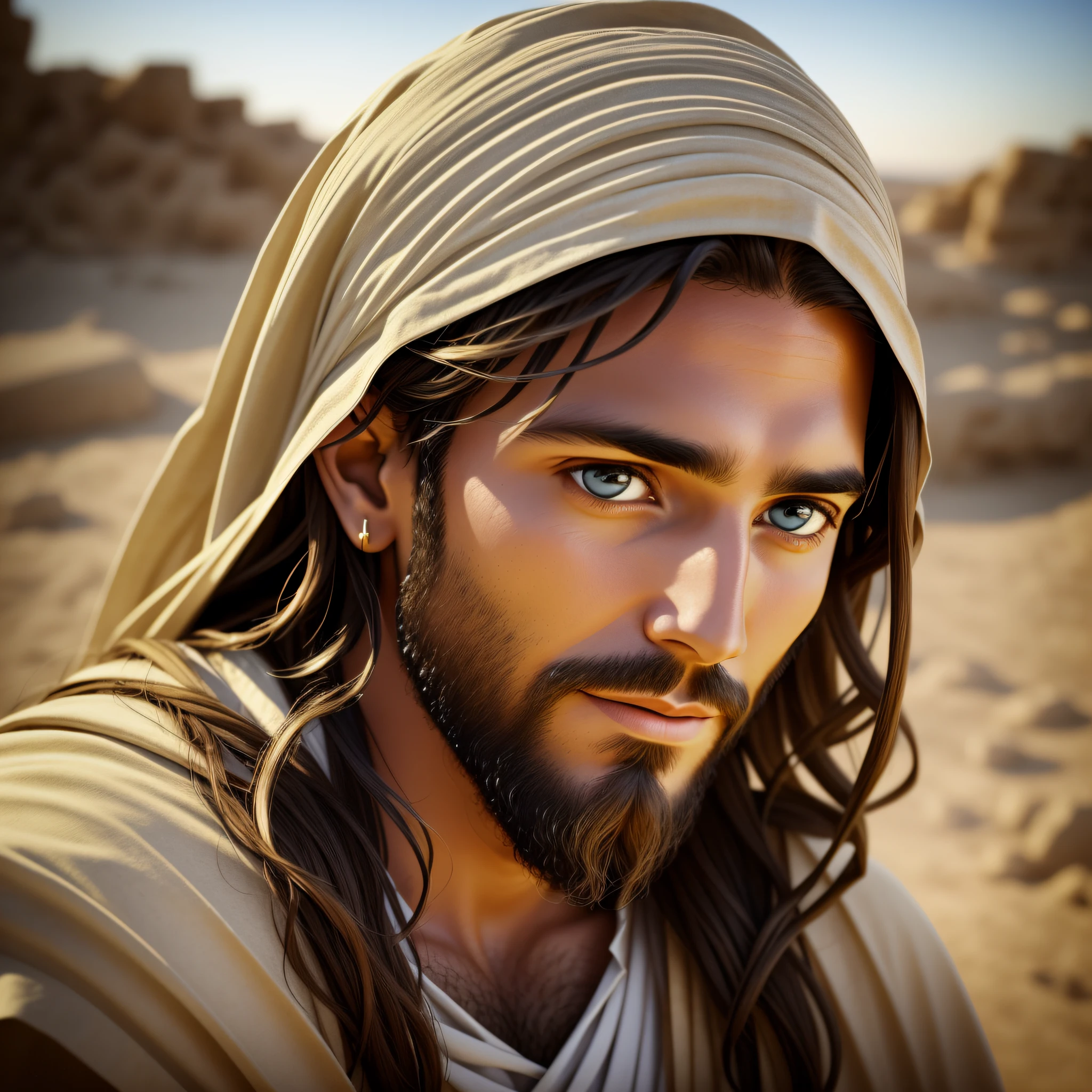 photo of Jesus, in biblical times Jesus, Photorealistic light environment, full face, looking at the Camera, calm eyes, serene and loving face, sweet look, is with lights in the background, The whole environment is clear, Photo by Busto