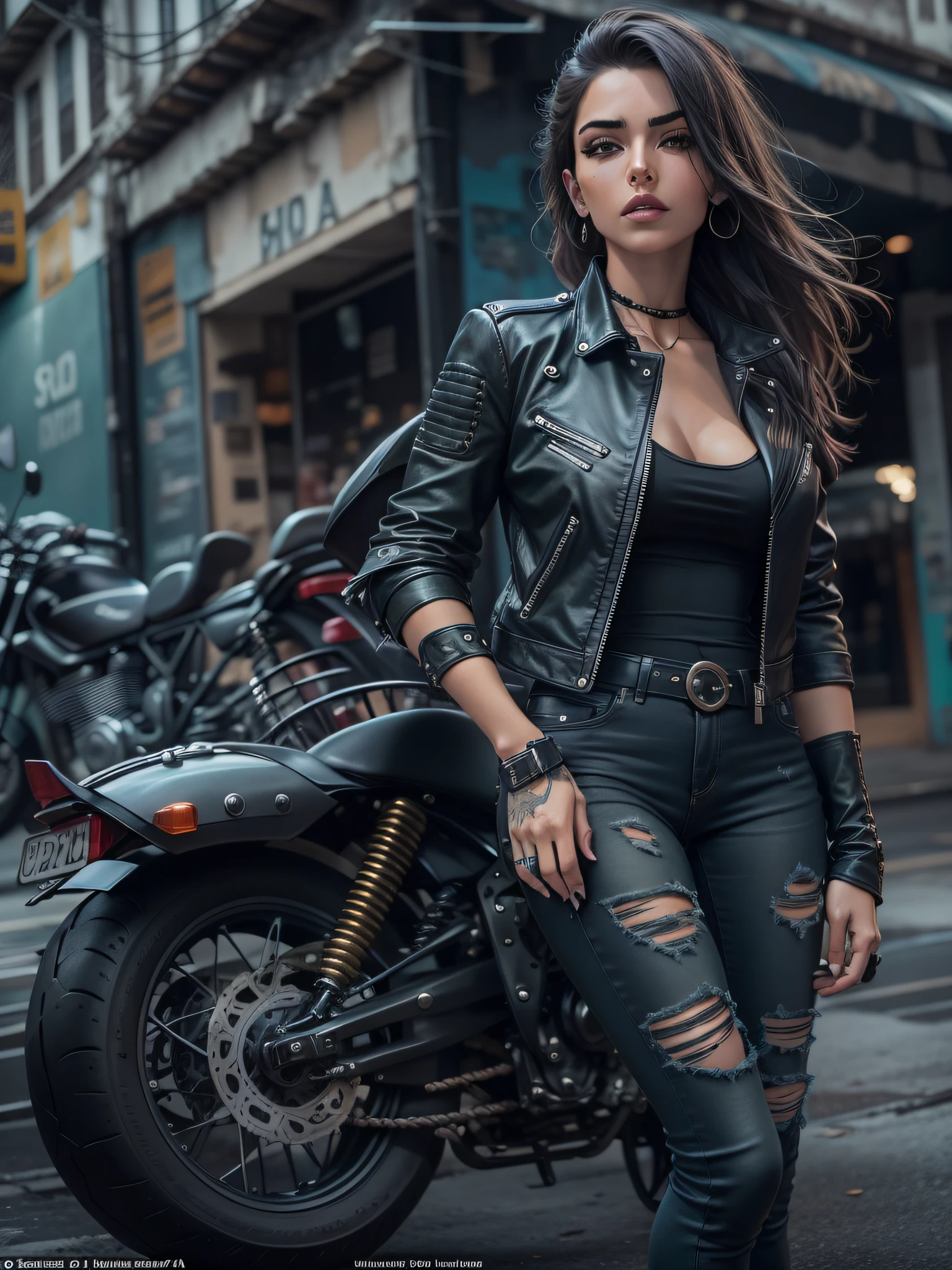 mulher vestida de motoqueira estilo sensual, com blusa jeans preta de gang, with black leather pants, com cabelos loiros, e olhos verdes, encostada em um muro de viela de cidade cheio de grafite de desenhos de caveira, em noite de chuva fraca