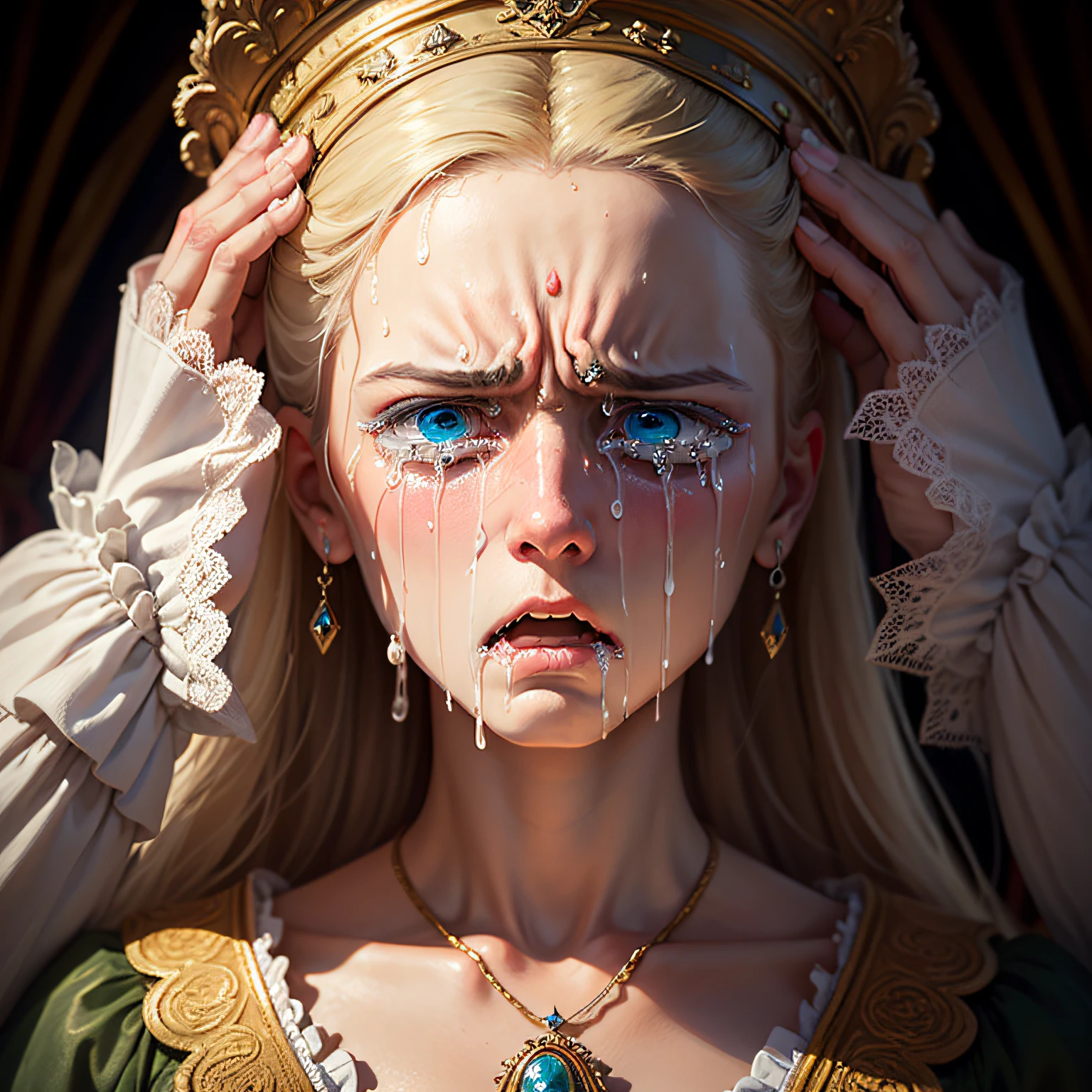 (masterpiece, best_quality, oil_painting of Marie Antoinette during the Baroque period:1.4) marie_antoinette, guillotine:2.5, execution, baroque_style, oil_painting, historical_figure, brownish_colors, sepia_tones, (frightened_expression, crying_tears, sad, depressed:2.5), historical_drama, regal_attire, lavish_dress, powdered_wig, elaborate_hairstyle, intricate_details, intricate_jewelry, lace_collar, ruffled_sleeves, tearful_eyes, pained_expression, dramatic_lighting, somber_mood, historical_tragedy, palace_interior, grand_hall, chandeliers, opulent_decor, ornate_furniture, dark_curtains, gloomy_ambience, historical_portrait, emotion_conveying, realism, historical_significance, highly detailed, authentic, 8k wallpaper