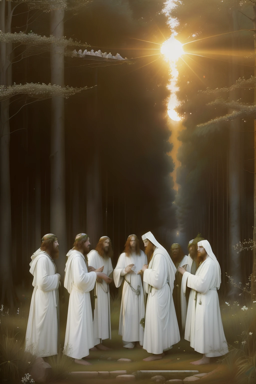 (((Pre-Raphaelite painting of the conclave of white-robed druids in an ancient and sacred mystical forest, tons outonais, por do sol, paisagem celta irlandesa)))