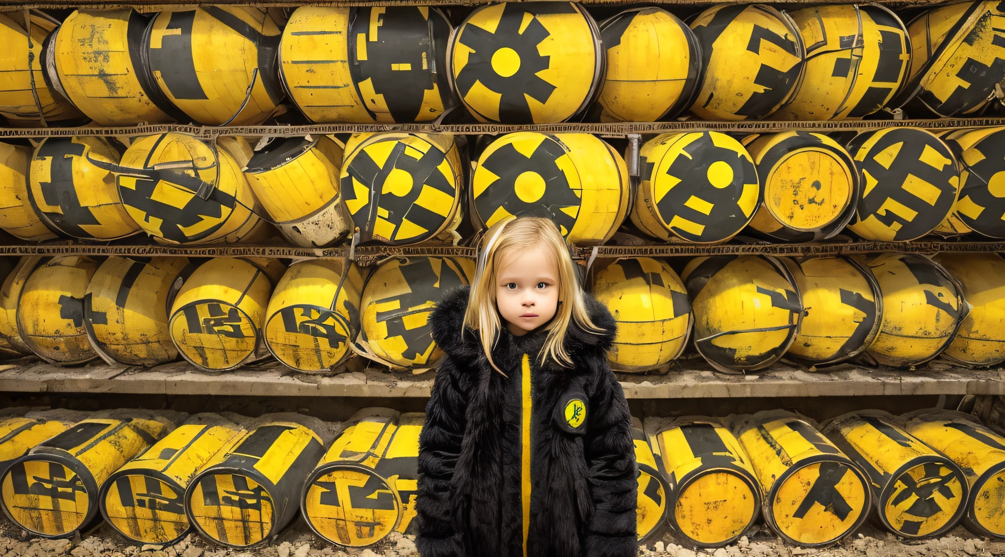 GIRL CHILD BLONDE HAIR, LONG, CLOSE UP, RUSSIAN STYLE HEADPHONES, BLACK FUR COAT, a closeup of a large pile of yellow barrels with radioactive symbols, nuclear waste, radioactive wastelands, toxic waste, radioactive particles, nuclear wastelands, radioactive, uranium, nuclear, nuclear fallout, post-nuclear, nuclear fashion, post-nuclear fallout, nuclear energy, future of nuclear energy, nuclear, nuclear art, nuclear reactor, nuclear energy, radiation, toxicity, contaminated