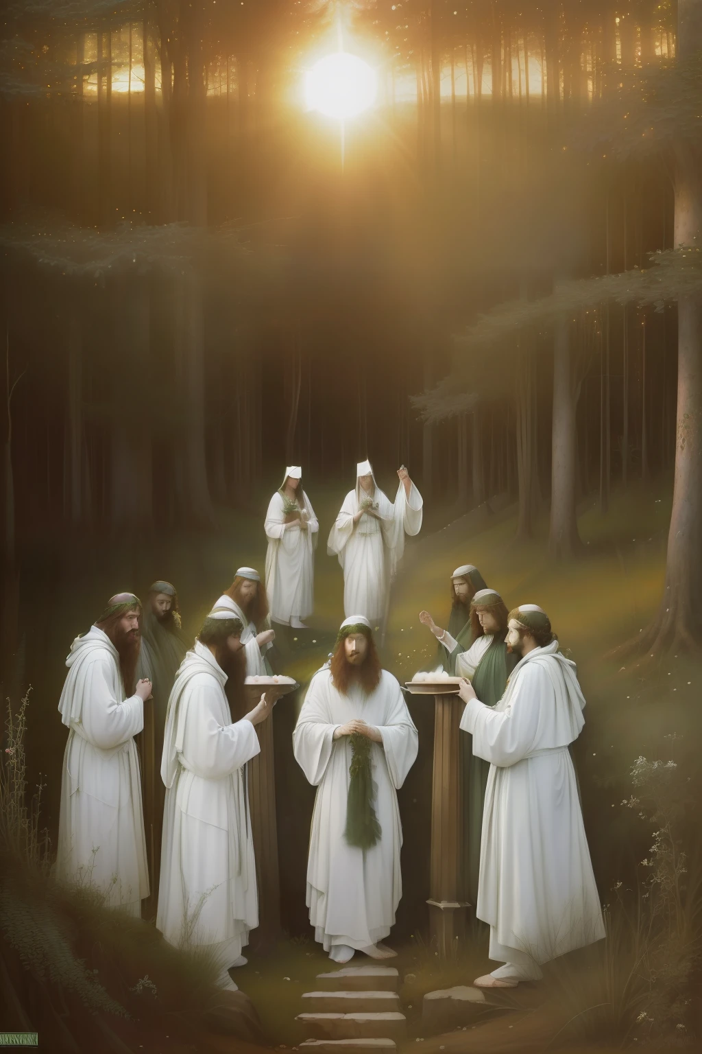 (((Pre-Raphaelite painting of the conclave of white-robed druids in an ancient and sacred mystical forest, tons outonais, por do sol, paisagem celta irlandesa)))