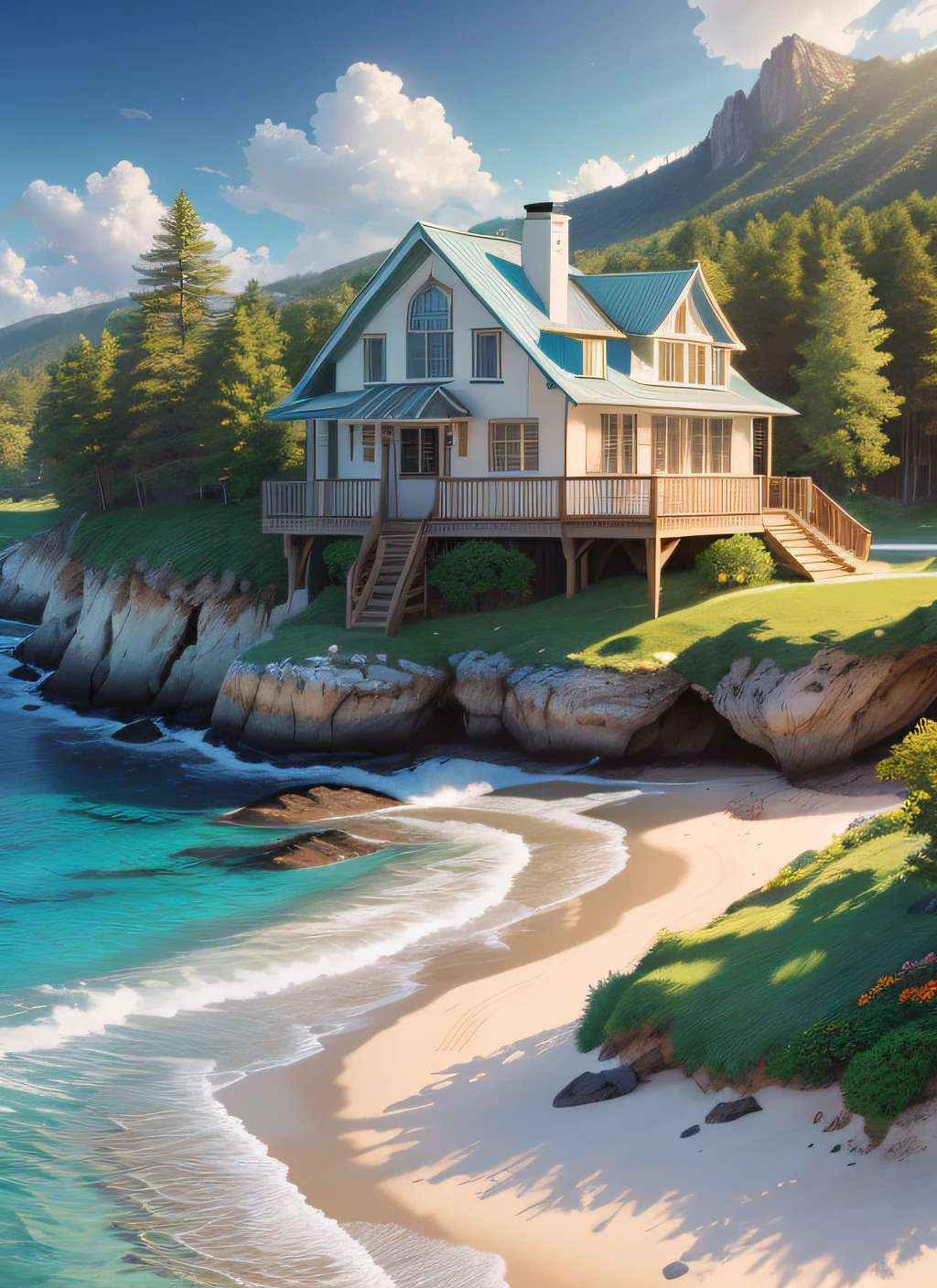 scenery, water (чрезвычайно подробные wallpaper CG Unity 8k), Cozy house on the beach, The most beautiful works of art in the world, Professional majestic photography, Complex, higly detailed, Sharp focus, Dramatic, Photorealistic art of cinematography