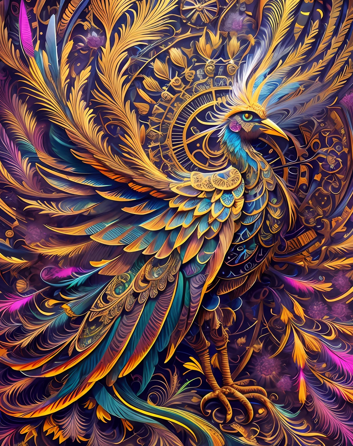 ((Android Mechanical Firebird)), robot wings, long tail with feathers, earnst haeckel, James Jean. Generative Art, baroque, Intricate Patterns, Fractalism, filmstill, photo-realistic, Bright feathers, an intricate, elegant, Detailed, digitalpainting, Art Station, Smooth, sharp-focus, illustartion, overtaking, vaporizer, Full-body shot, insanely detailed, 4k, composition, Crop, centred, symmetry, Drawn, Intricate, voluminous lighting, beutiful, A masterpiece saturated with deep colors, sharp-focus, overdetalization