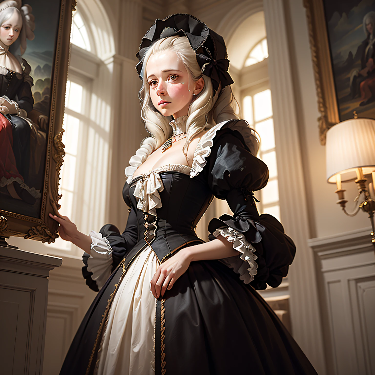 (masterpiece, best_quality, oil_painting of Marie Antoinette during the Baroque period:1.4) marie_antoinette, baroque_style, oil_painting, historical_figure, brownish_colors, sepia_tones, guillotine, execution, frightened_expression, crying_tears, sad, depressed, historical_drama, regal_attire, lavish_dress, powdered_wig, elaborate_hairstyle, intricate_details, intricate_jewelry, lace_collar, ruffled_sleeves, tearful_eyes, pained_expression, dramatic_lighting, somber_mood, historical_tragedy, palace_interior, grand_hall, chandeliers, opulent_decor, ornate_furniture, dark_curtains, gloomy_ambience, historical_portrait, emotion_conveying, realism, historical_significance, highly detailed, authentic, 8k wallpaper