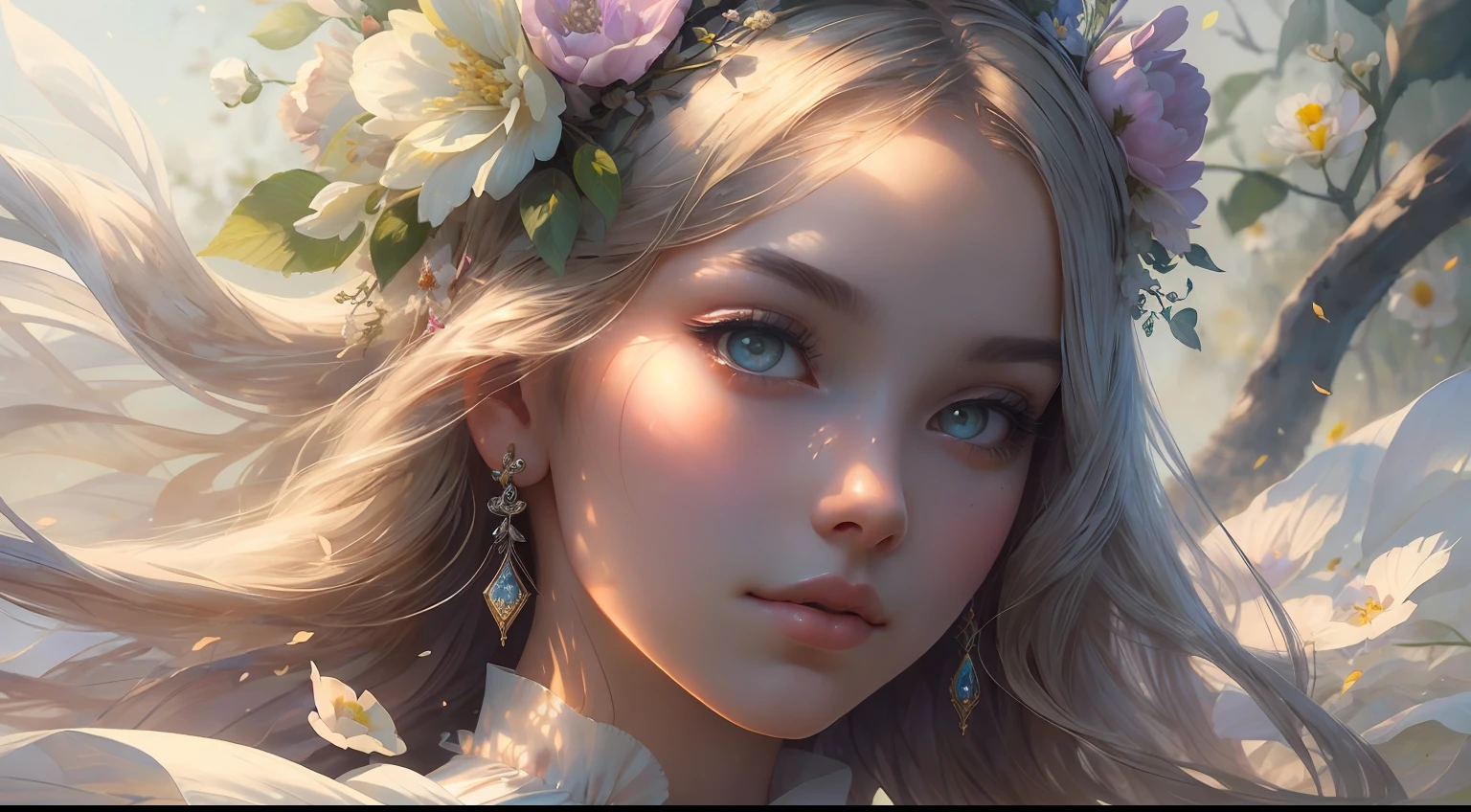 This artwork is dreamy and ethereal, with soft pink watercolor hues. Generate a delicate and demure flower maiden with soft, realistic hair dancing in the breeze. Her sweet, realistic face is extremely detailed and has puffy, big lips and stunning, highly realistic eyes. Her eyes are important and should be realistic, highly detailed, and beautiful. The flower maiden is wearing delicate and elegant fabric of silk and satin. She is surrounded by beautiful flowers of varying sizes and colors and flower petals dancing in the wind around her. The background is detailed, wild, and unruly, with wildflowers and wind and pollen creating a dynamic and compelling image. She wears an ornately flowered headdress that enhances her soft beauty. Include a soft watercolor sky. Include fantasy details, enhanced details, iridescence, colorful glittering wind, and pollen. Pay special attention to her face and make sure it is beautifully and realistically detailed. The image should be dreamy and ethereal.8k, intricate, elegant, highly detailed, majestic, digital photography, art by artgerm and ruan jia and greg rutkowski, (masterpiece, finely detailed beautiful eyes: 1.2), hdr, realistic skin texture, ((fantasy00d:1)), rays of light, ornate flowers, dew drops, sunlight, hazy rays of sun, flowergateway style, castle, palace, archway, flowers, growing