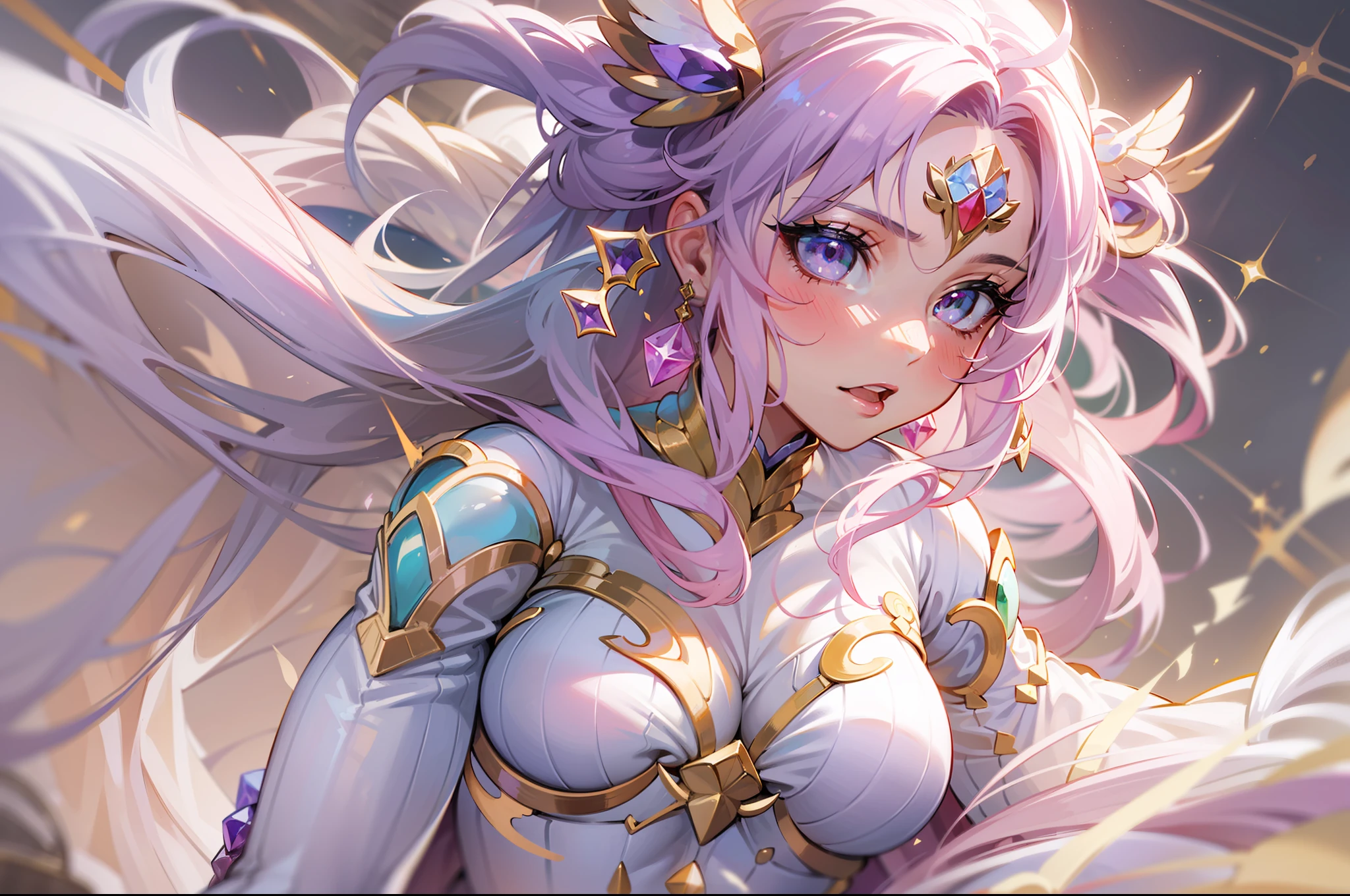 ((Masterpiece)), (best quality), highres, ultra detailed, gradient, dynamic pose, wide shot, golden ratio, super cute girl, (mature girl), super beautiful girl with super cute and sexy face, (super cute face expression), most beautiful warrior girl, with most beautiful shiny violet eyes, very detailed and expressive eyes, super beautiful long green hair, twin tails, very delicate and gorgeous, very delicate and beautiful hands and fingers, wearing a super girly white tight bodysuit, beautiful pink crystal boots, very powerful and beautiful outfit, with a super beautiful magical rod, with beautiful powers, in a divine realm full of combat, mesmerizing and enchanting