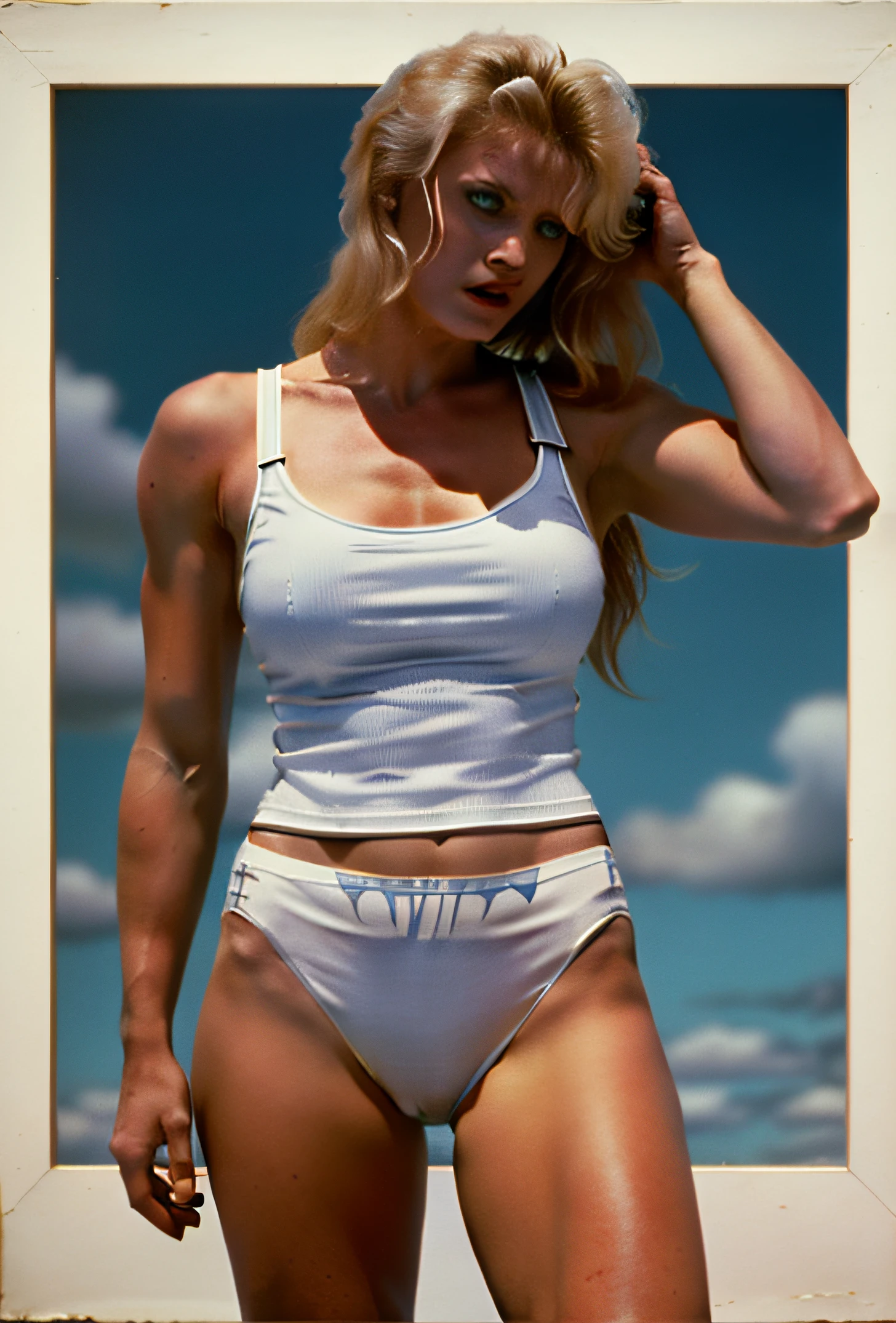 ((masterpiece, best quality)), ((Buff Blonde Norwegian woman in white tanktop and white )), (( Blue eyes)), photo realistic, intricate details, 80's female wrestler, 80's film, 80's movie scene, 80's TV Style
