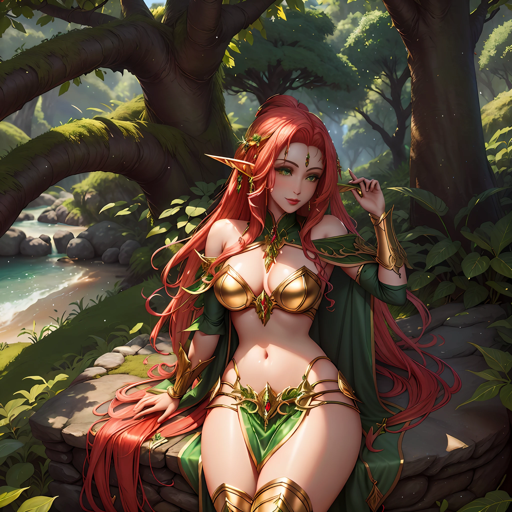 mulher arafed em uma roupa verde e vermelha sentada em uma rocha, estilo de arte de fantasia, 2. 5 d cgi anime fantasia arte, rainha elfa, Cavaleiro elfo sedutor da princesa, uma rainha elfa, Artgerm extremamente detalhado, elfa, fey queen of the summer forest, Retrato de uma rainha elfa, Epic fantasy art style, Rainha elfa bonita e elegante
