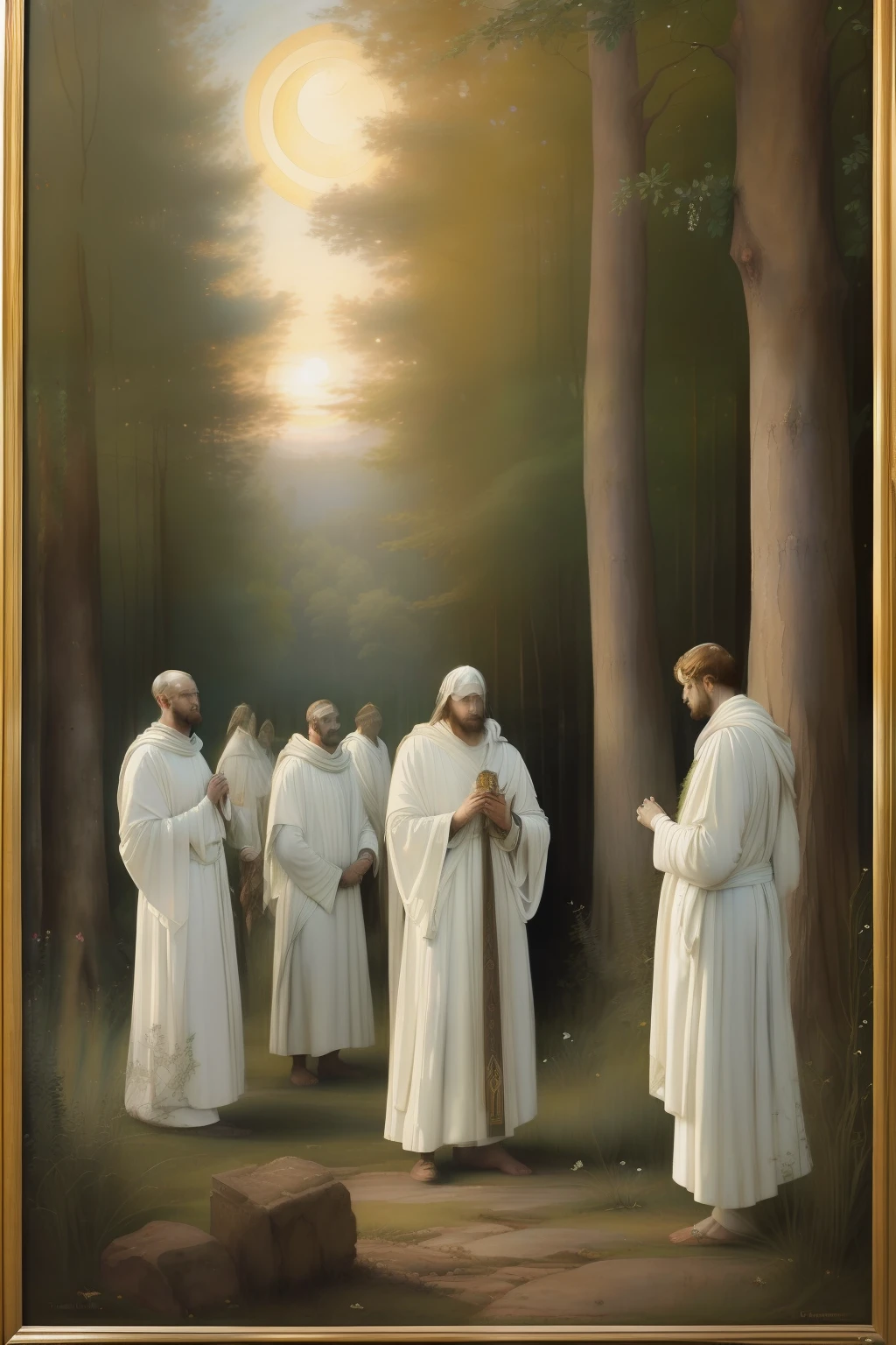 (((Pre-Raphaelite painting of the white-robed conclave of druids in an ancient and sacred mystical forest, tons outonais, por do sol, paisagem celta irlandesa)))