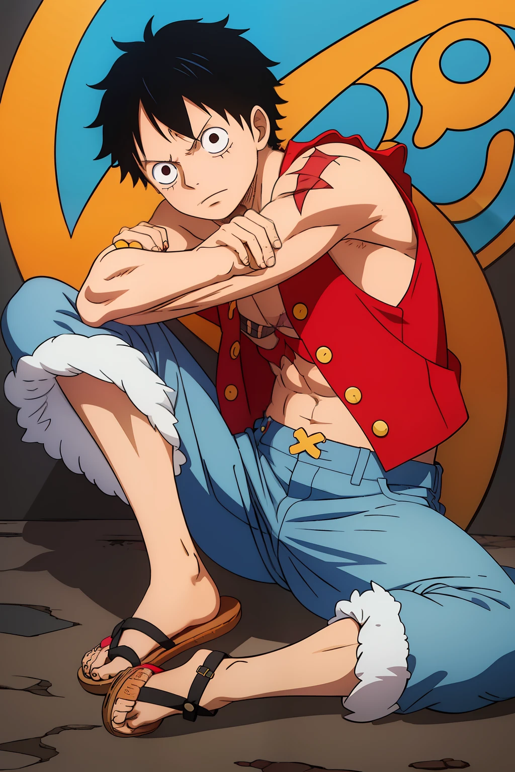 1 boy, black short hair, blue denim bermuda, red vest yellow buttons, strawhat with red ribbon, monkey D. Luffy, symmetrical body, portrait, sandals, background ship, x-shaped scar on chest, scar under the eye,