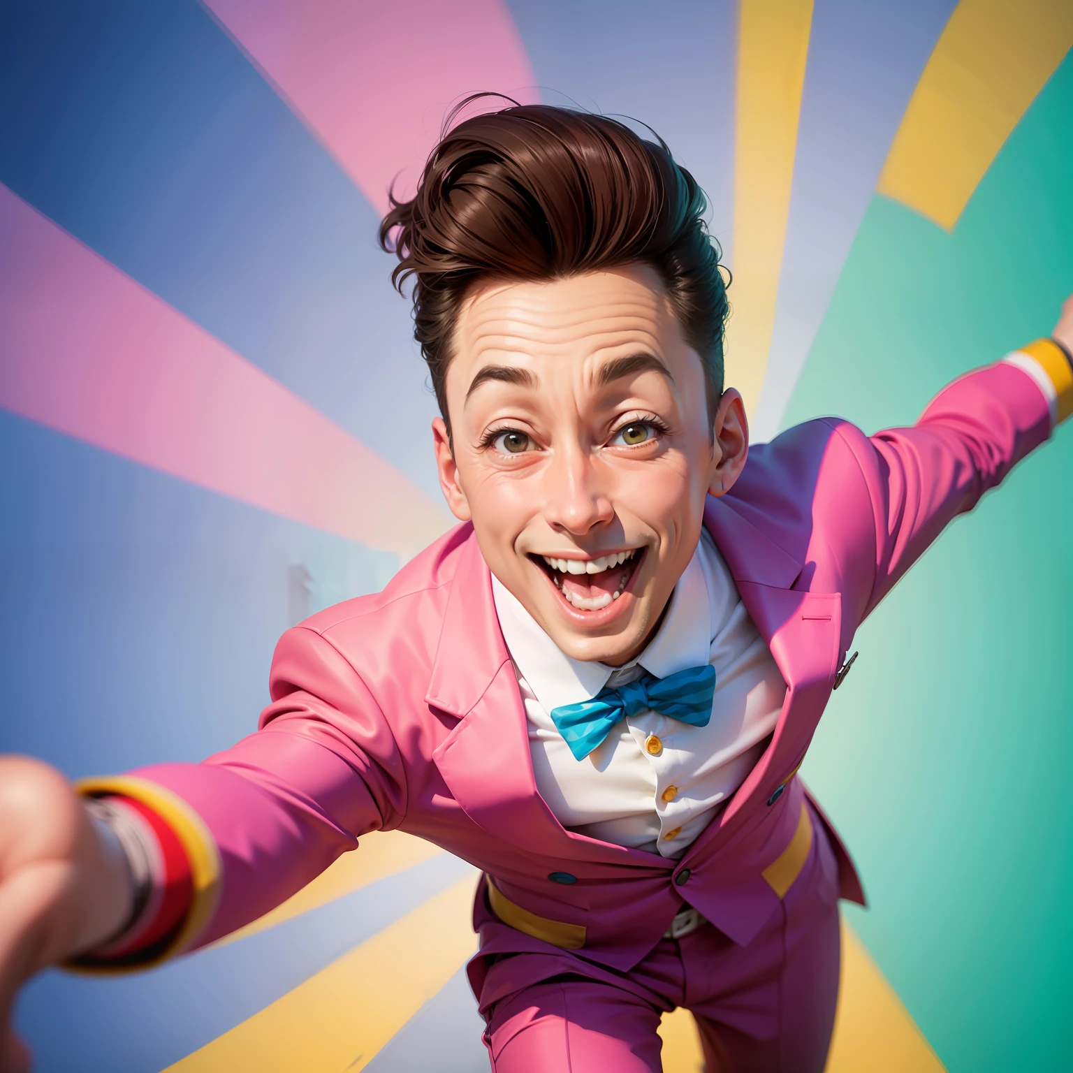"The whimsical and energetic Pee Wee Herman in a vibrant and colorful setting, exuding pure joy and laughter."