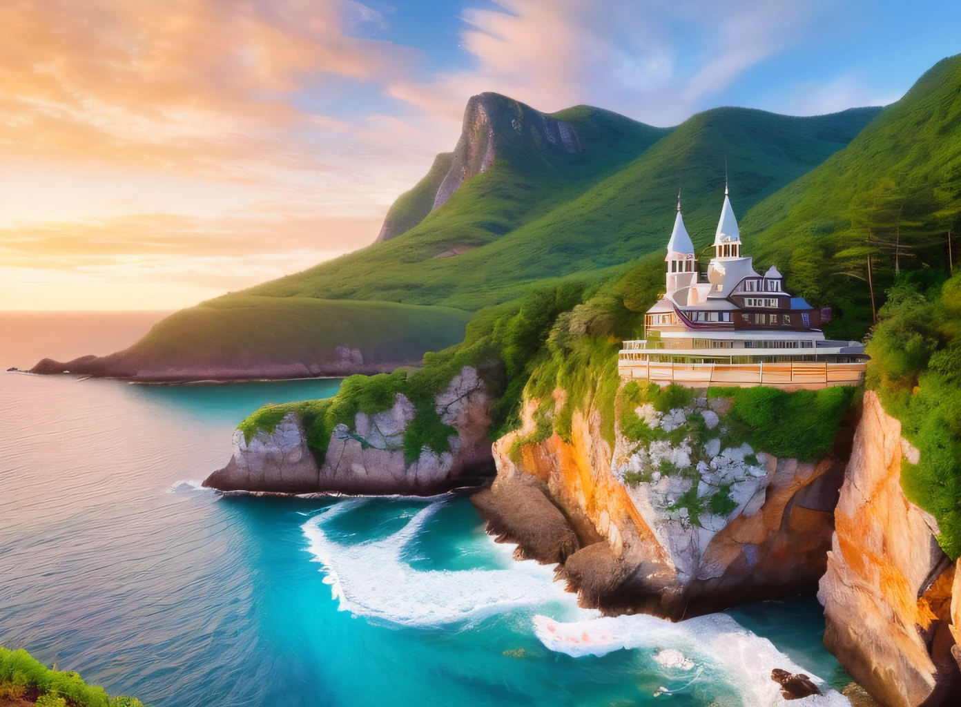 scenery, water (чрезвычайно подробные wallpaper CG Unity 8k), Cozy house by the sea, waterfalls, The most beautiful works of art in the world, Professional majestic photography, Complex, higly detailed, sharp-focus, dramatic, Photorealistic art of cinema